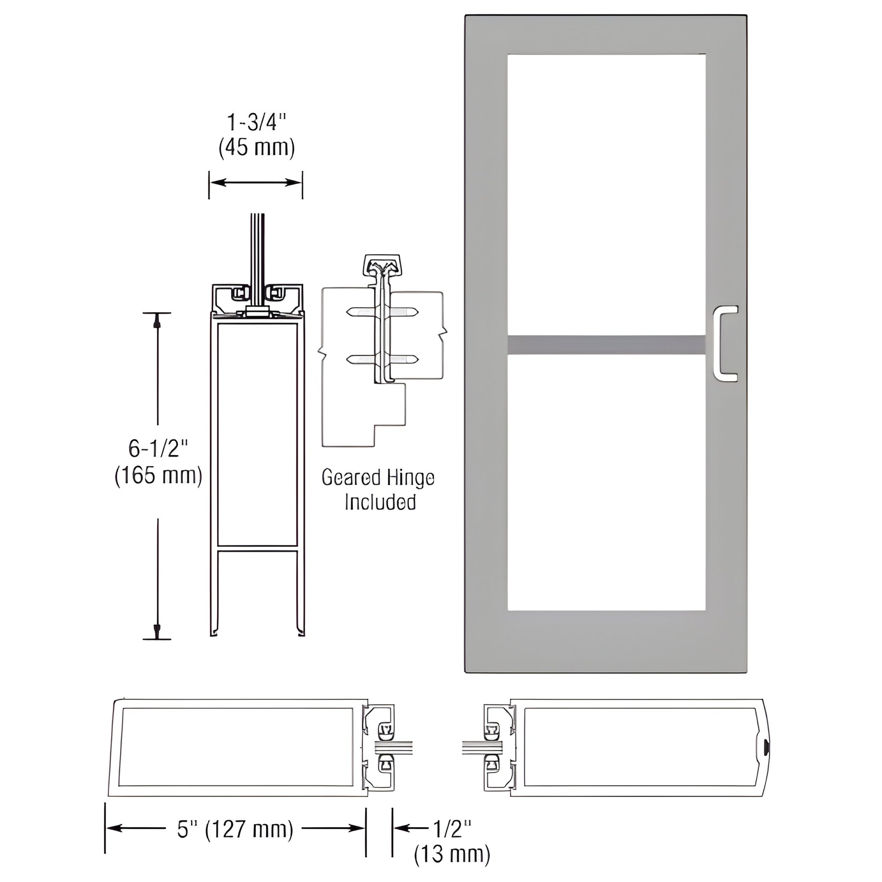 CRL-U.S. Aluminum Clear Anodized 550 Series Wide Stile Inactive Leaf of Pair 3'0 x 7'0 Offset Hung with Geared Hinged Complete Panic Door with Std. Panic and Bottom Rail