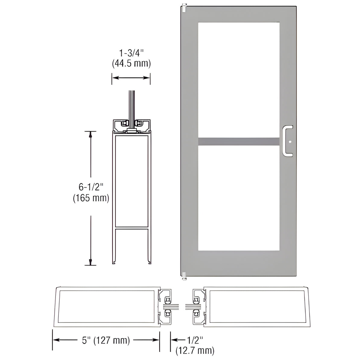CRL-U.S. Aluminum Clear Anodized 550 Series Wide Stile (LHR) HLSO Single 3'0 x 7'0 Offset Hung with Pivots for Surf Mount Closer Complete Panic Door for 1" Glass with Standard Panic and Bottom Rail