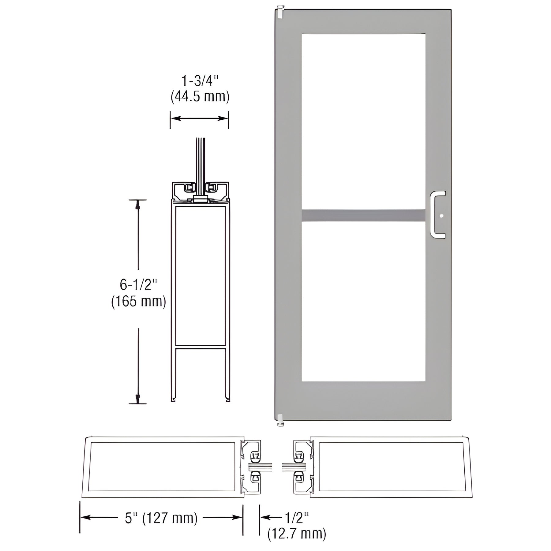 CRL-U.S. Aluminum Clear Anodized 550 Series Wide Stile (LHR) HLSO Single 3'0 x 7'0 Offset Hung with Pivots for Surf Mount Closer Complete Panic Door for 1" Glass with Standard Panic and Bottom Rail