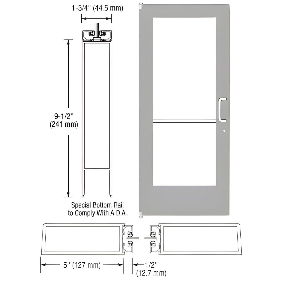 CRL-U.S. Aluminum Clear Anodized 550 Series Wide Stile (LHR) HLSO Single 3'0 x 7'0 Offset Hung with Pivots for Surf Mount Closer Complete ADA Door(s) with Lock Indicator, Cyl Guard