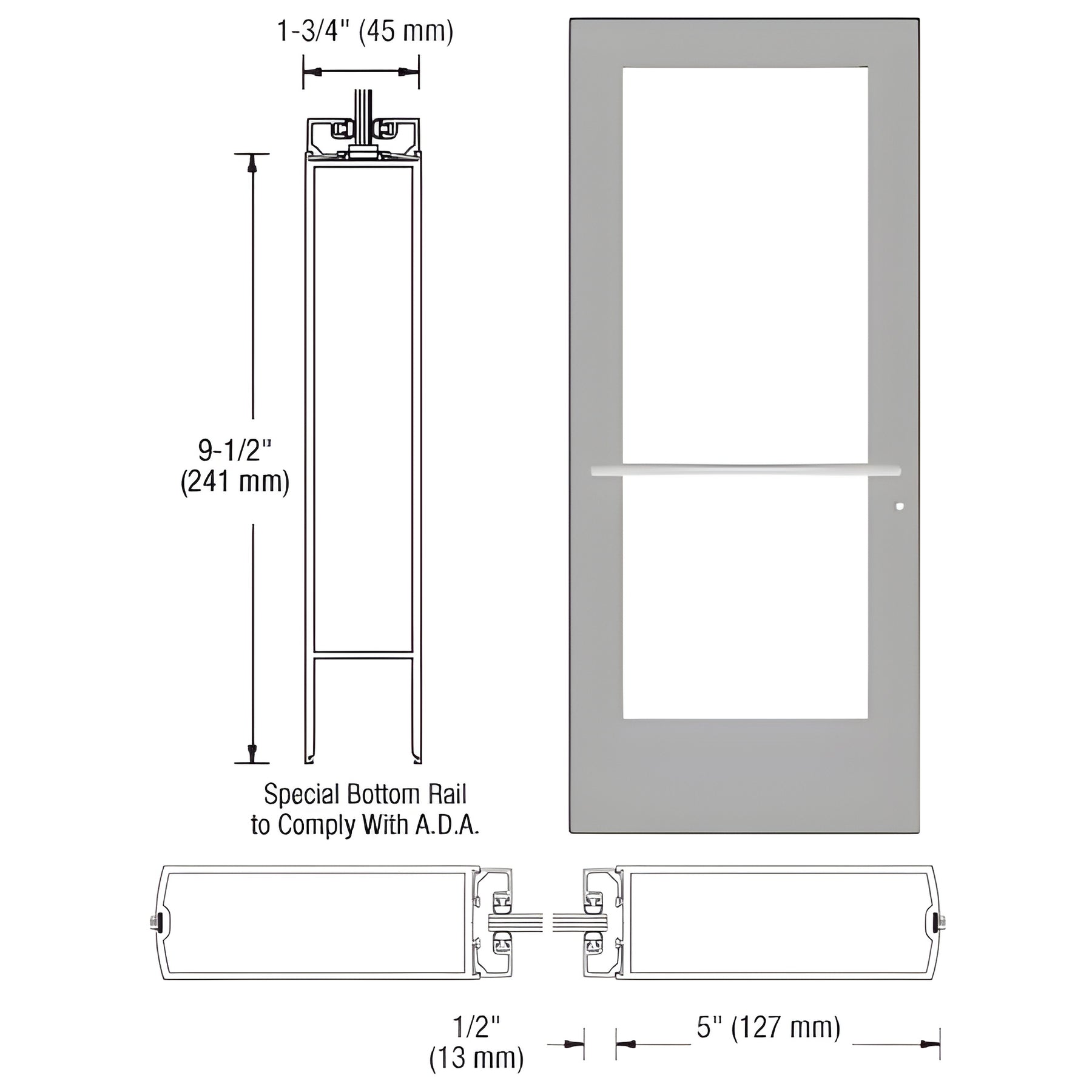 CRL-U.S. Aluminum Clear Anodized 550 Series Wide Stile (LHR) HLSO Single 3'0 x 7'0 Center Hung for OHCC w/Standard Push Bars Complete ADA Door(s) with Lock Indicator, Cyl Guard