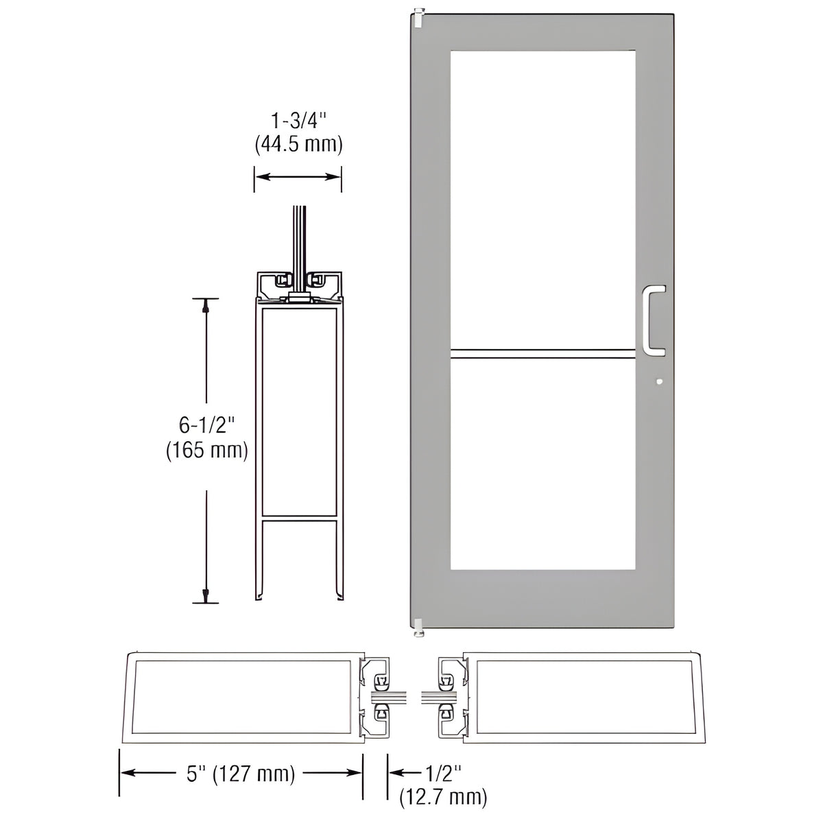 CRL-U.S. Aluminum Clear Anodized 550 Series Wide Stile (LHR) HLSO Single 3'0 x 7'0 Offset Hung with Pivots for Surf Mount Closer Complete Door Std. MS Lock & Bottom Rail
