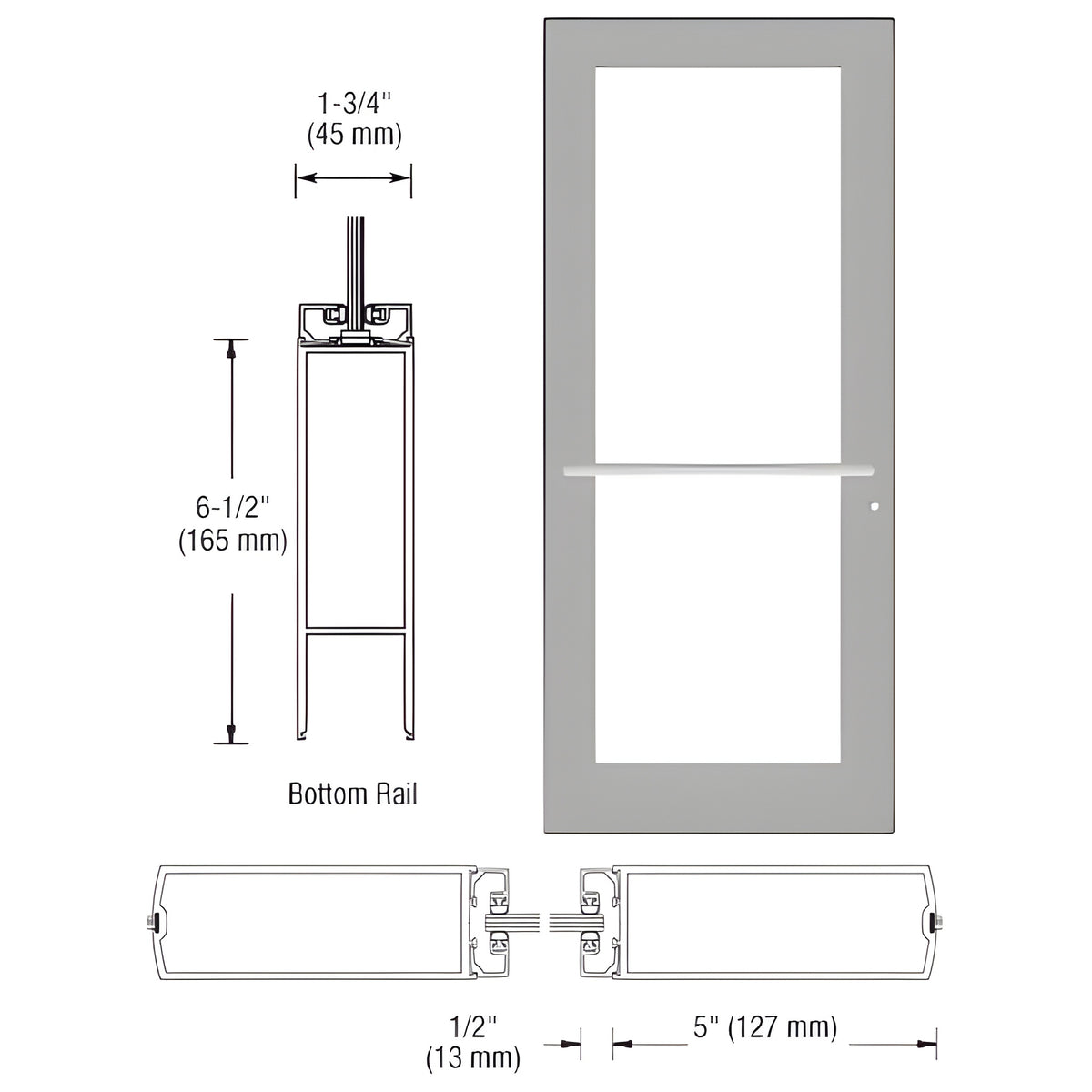 CRL-U.S. Aluminum Clear Anodized 550 Series Wide Stile (LHR) HLSO Single 3'0 x 7'0 Center Hung for OHCC w/Standard Push Bars Complete Door Std. MS Lock & Bottom Rail
