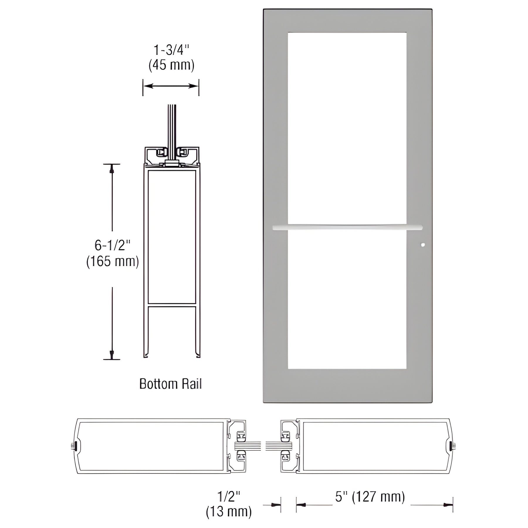 CRL-U.S. Aluminum Clear Anodized 550 Series Wide Stile (LHR) HLSO Single 3'0 x 7'0 Center Hung for OHCC w/Standard Push Bars Complete Door Std. MS Lock & Bottom Rail