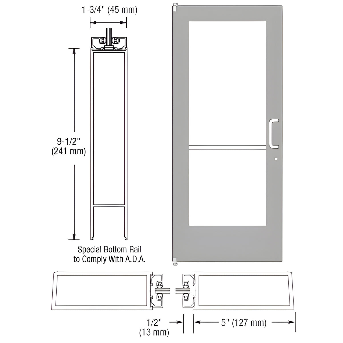 CRL-U.S. Aluminum Clear Anodized 550 Series Wide Stile (LHR) HLSO Single 3'0 x 7'0 Offset Hung with Pivots for Surf Mount Closer Complete Door Std. Lock and 9-1/2" Bottom Rail