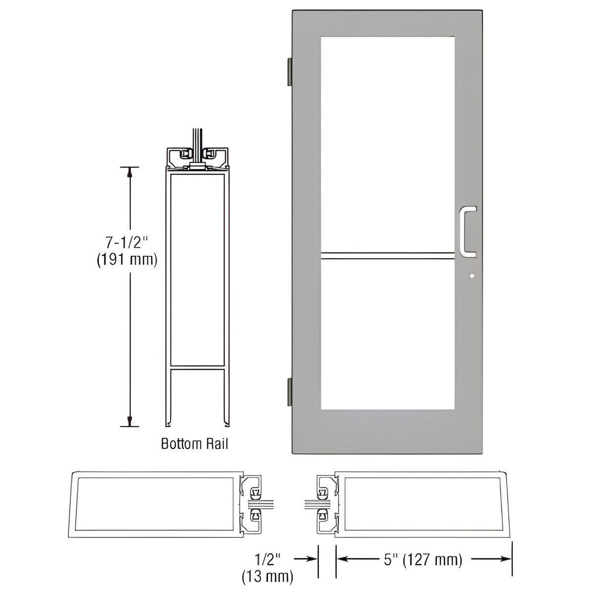 CRL-U.S. Aluminum Clear Anodized 550 Series Wide Stile (LHR) HLSO Single 3'0 x 7'0 Offset Hung with Butt Hinges for Surf Mount Closer Complete Door/Std. MS Lock, 7-1/2" Std. Bottom Rail