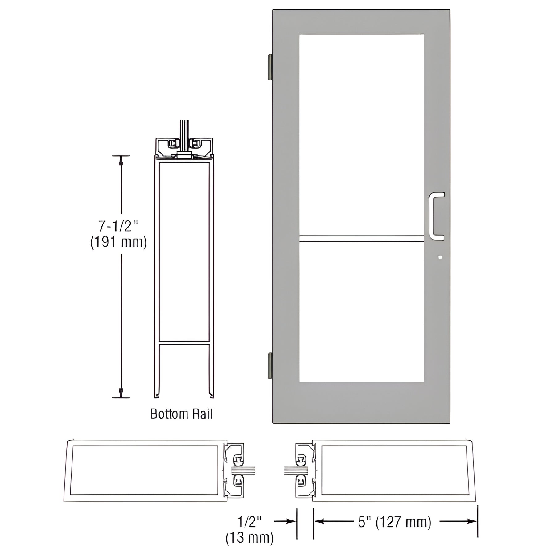CRL-U.S. Aluminum Clear Anodized 550 Series Wide Stile (LHR) HLSO Single 3'0 x 7'0 Offset Hung with Butt Hinges for Surf Mount Closer Complete Door/Std. MS Lock, 7-1/2" Std. Bottom Rail