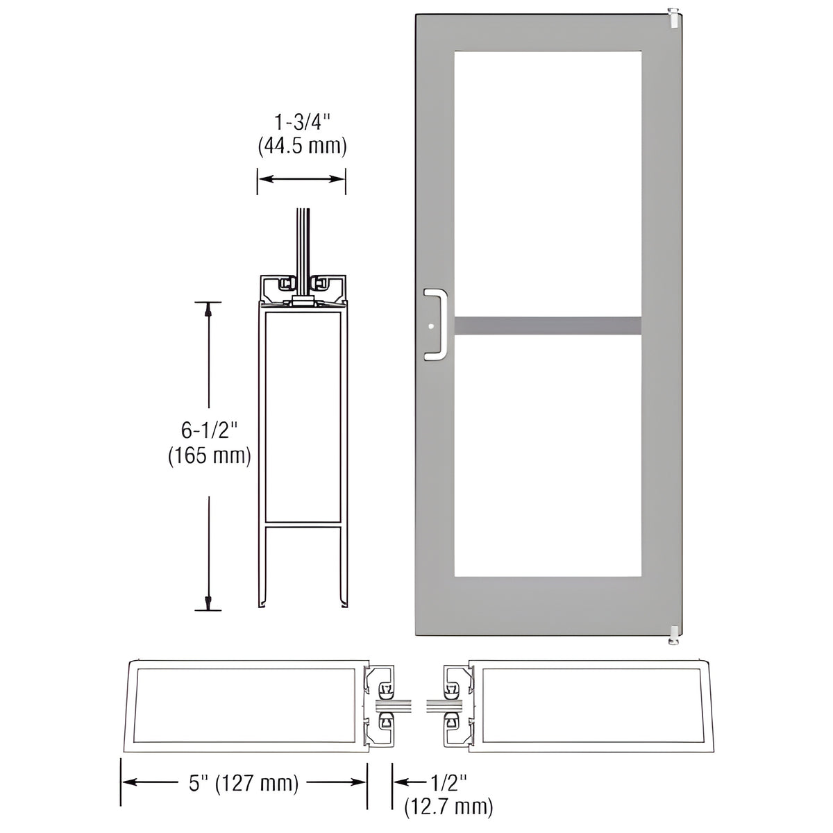 CRL-U.S. Aluminum Clear Anodized 550 Series Wide Stile (RHR) HRSO Single 3'0 x 7'0 Offset Hung with Pivots for Surf Mount Closer Complete Panic Door for 1" Glass with Standard Panic and Bottom Rail