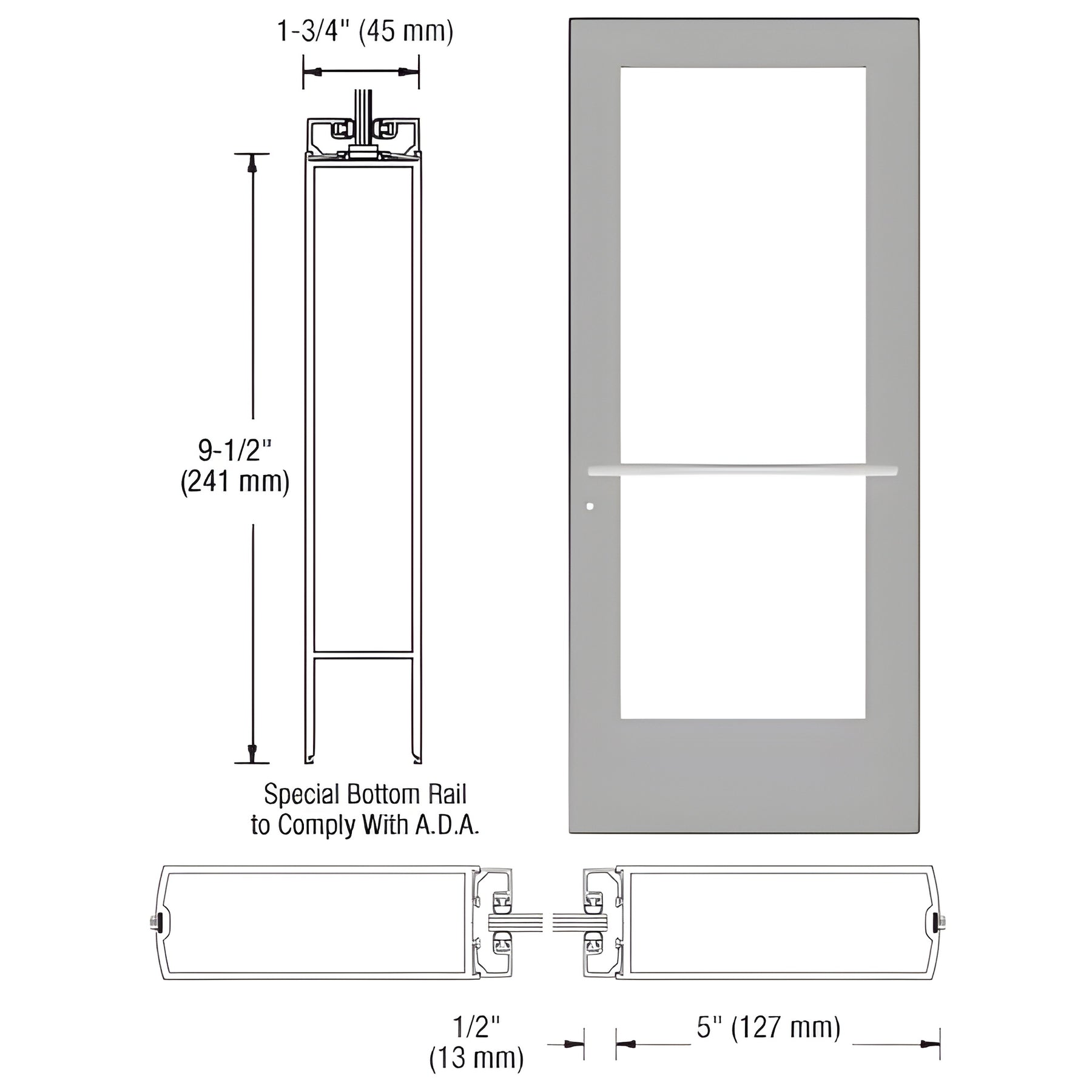 CRL-U.S. Aluminum Clear Anodized 550 Series Wide Stile (RHR) HRSO Single 3'0 x 7'0 Center Hung for OHCC w/Standard Push Bars Complete ADA Door(s) with Lock Indicator, Cyl Guard