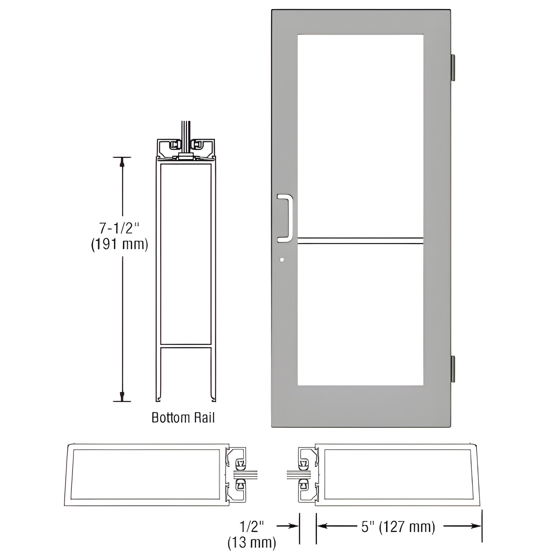 CRL-U.S. Aluminum Clear Anodized 550 Series Wide Stile (RHR) HRSO Single 3'0 x 7'0 Offset Hung with Butt Hinges for Surf Mount Closer Complete Door/Std. MS Lock, 7-1/2" Std. Bottom Rail