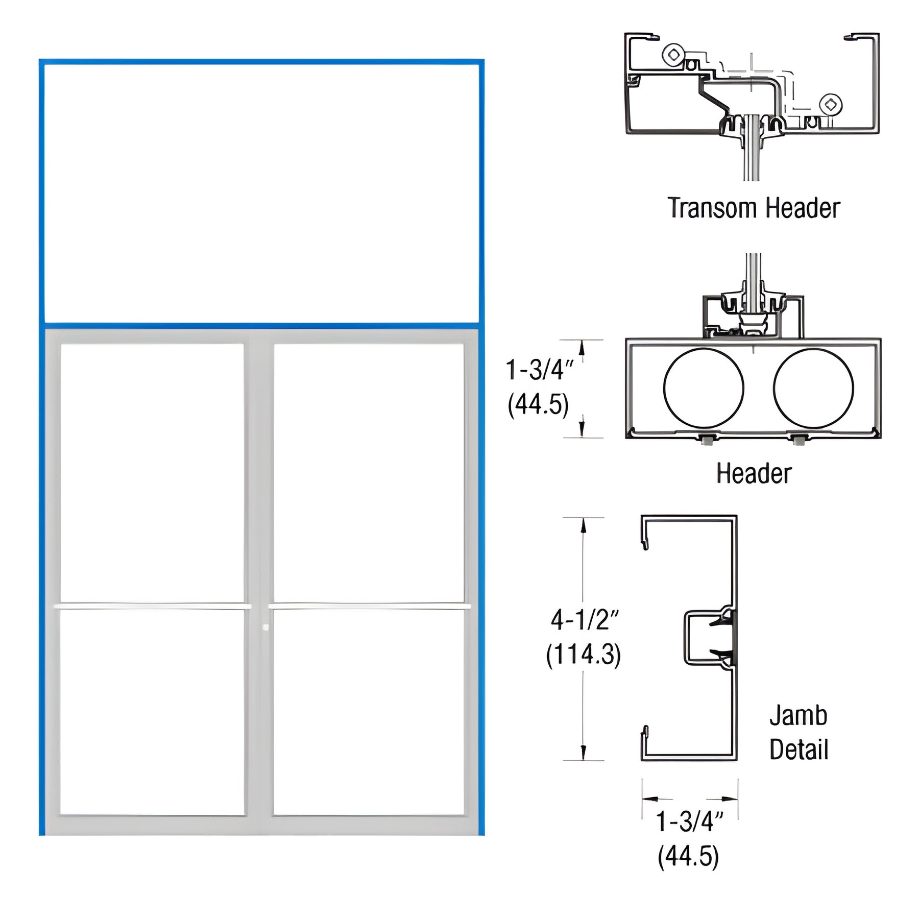 CRL-U.S. Aluminum Clear Anodized 75-1/2" x 129" Blank 450 Transom Double Door Frame