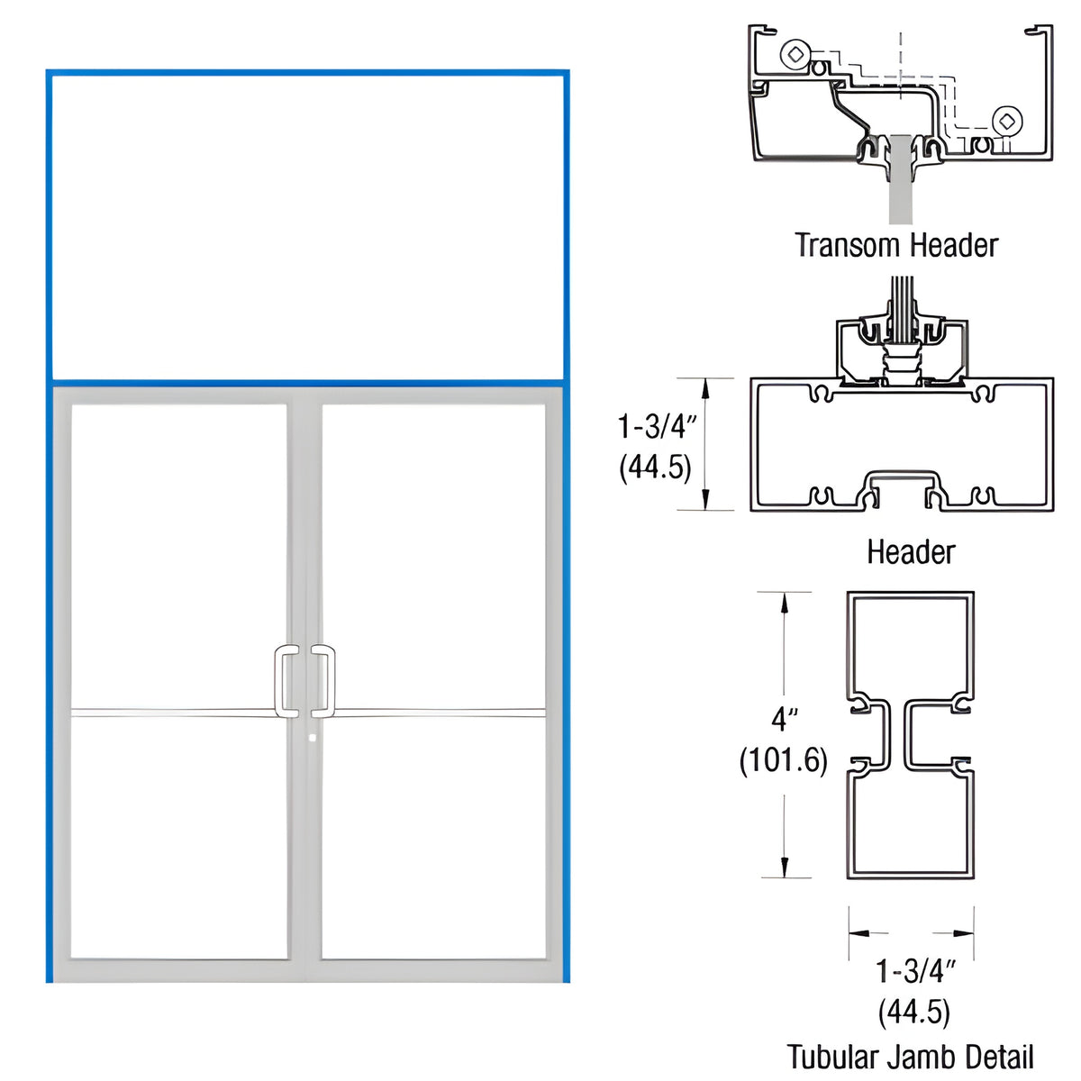 CRL-U.S. Aluminum Clear Anodized 75-1/2" x 85-3/4" 400 Series Transom Double Door Frame for Offset Pivot Using Surface Mount Closer