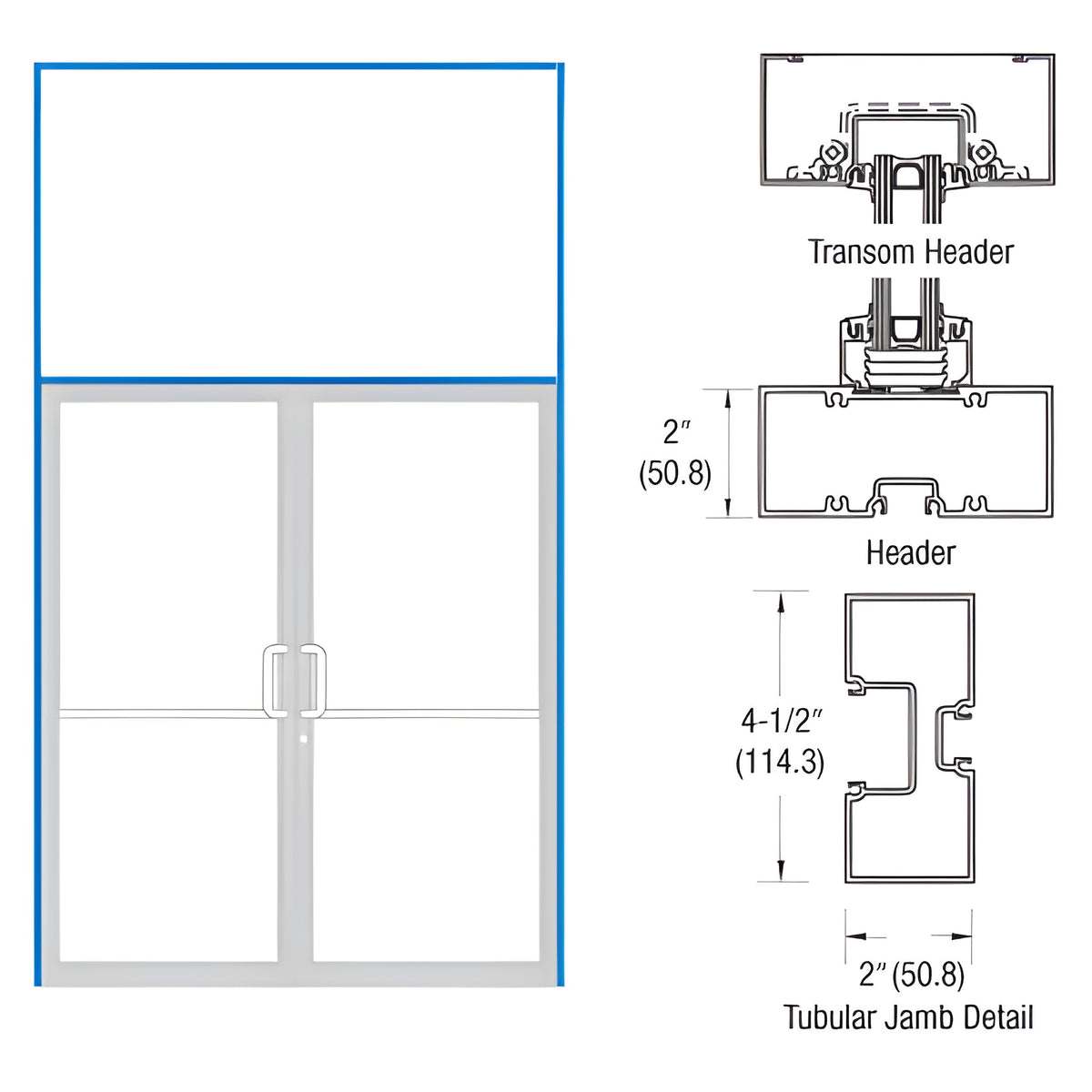 CRL-U.S. Aluminum Clear Anodized 76" x 126" 451 Series Transom Double Door Frame for Offset Pivot Using Surface Mount Closer
