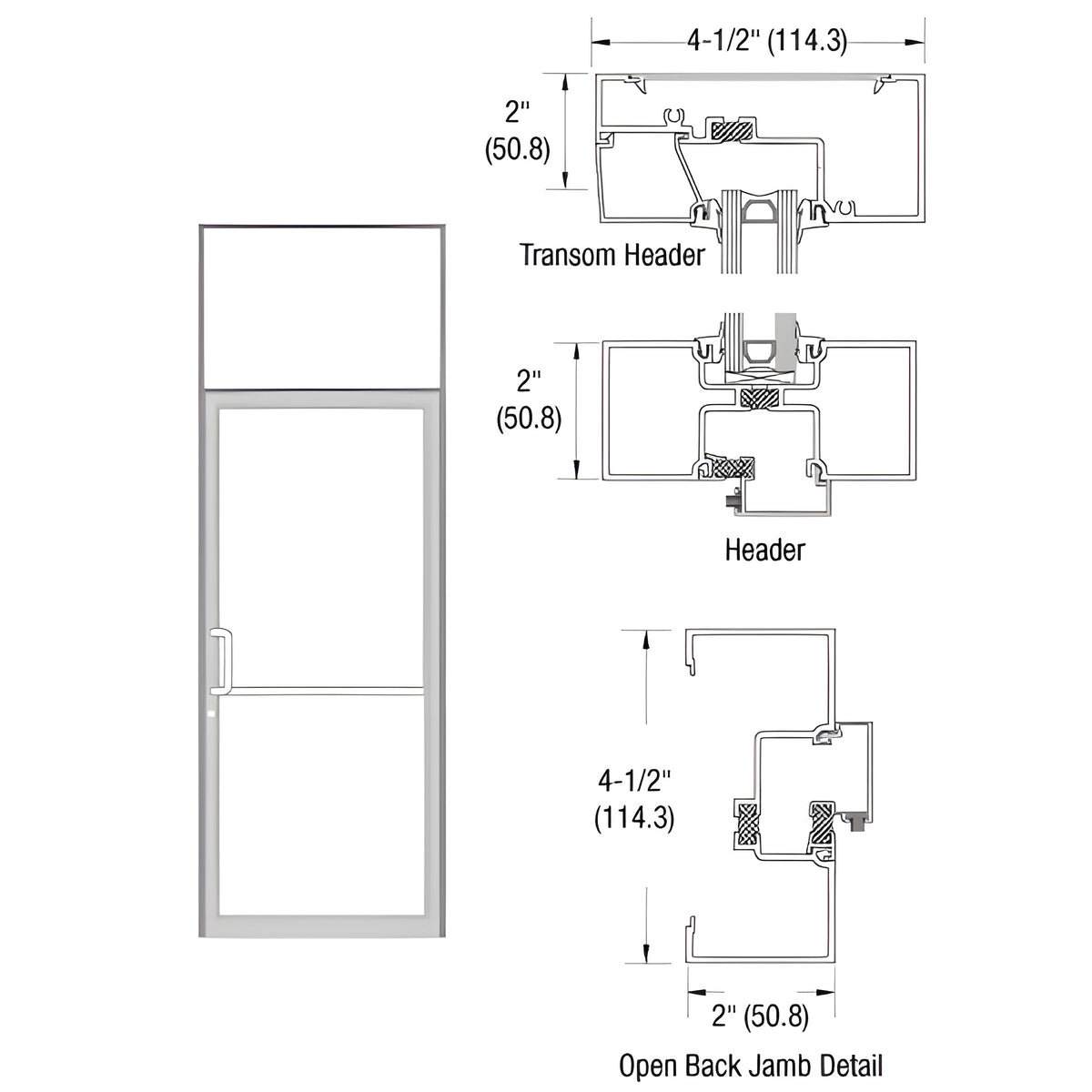 CRL-U.S. Aluminum Clear Anodized Class 1 2" x 4-1/2" Thermally Improved Transom Frame for Single Door for Offset Hung Prepped for Butt Hinges and Surface Mount Door Closer