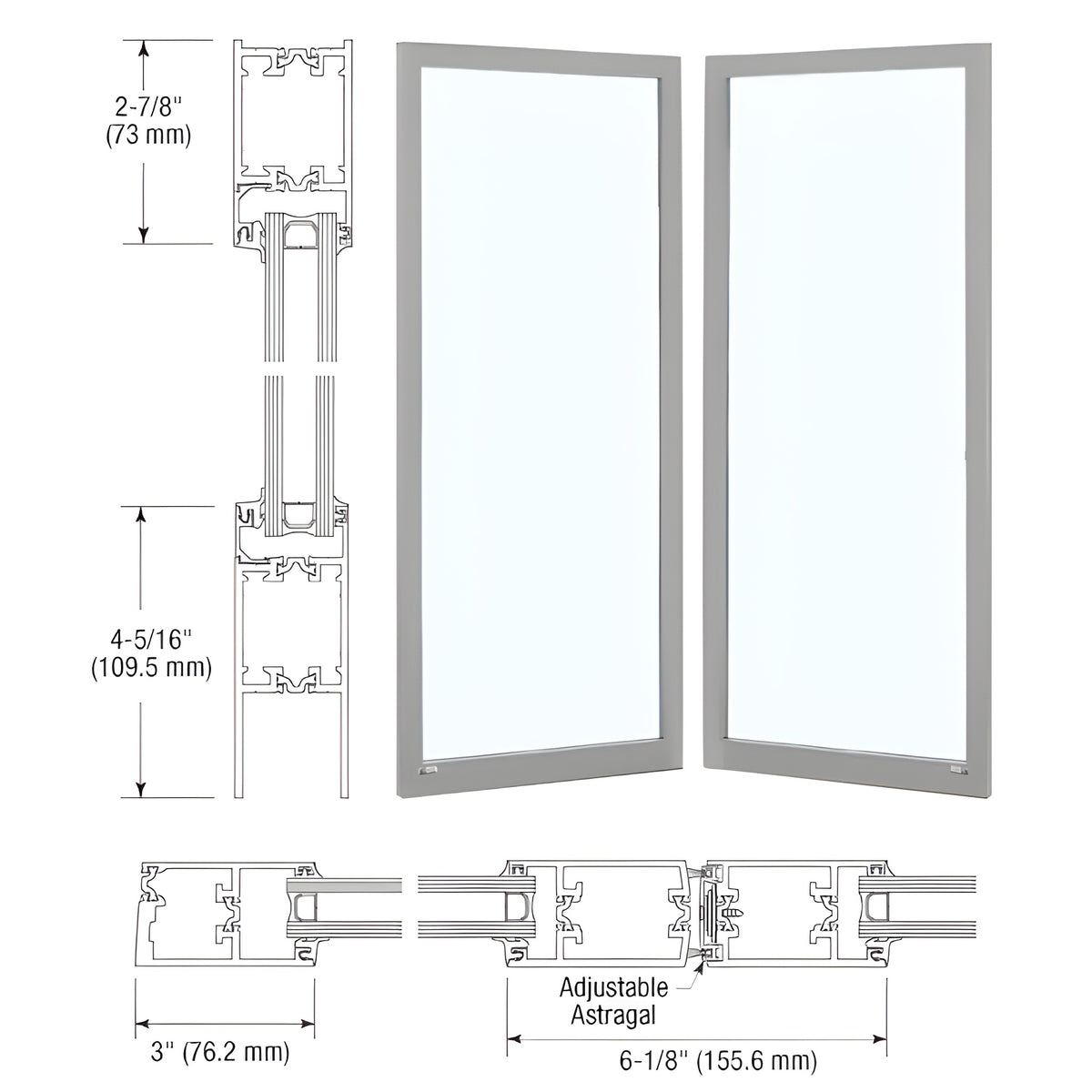 CRL-U.S. Aluminum Clear Anodized Class 1 Custom Blank Pair Series 250T Narrow Stile Offset Hung Thermal Entrance Doors - No Prep