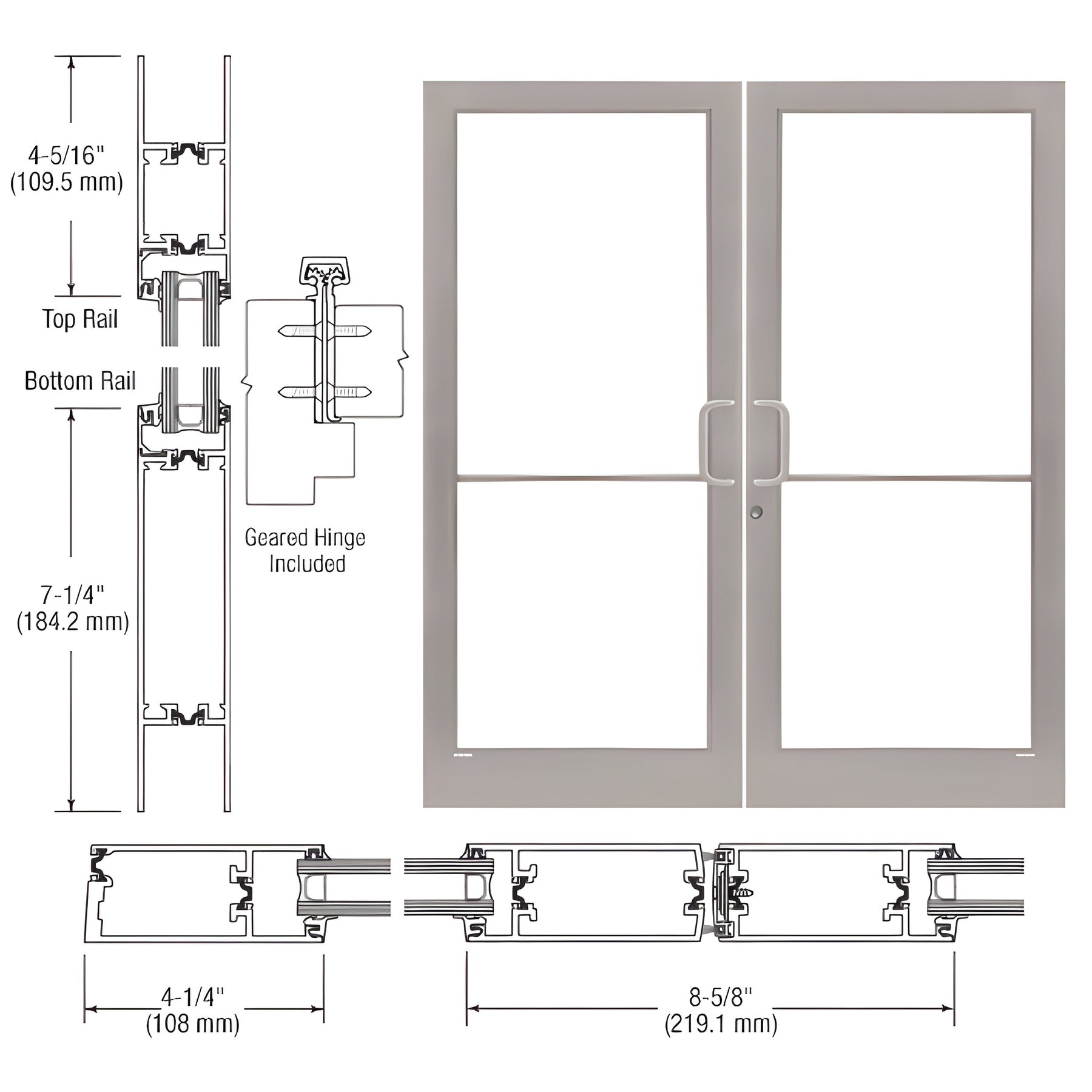 CRL-U.S. Aluminum Clear Anodized Class 1 Custom Pair 72" x 84" Series 400T Medium Stile Gear Hinge Entrance Door
