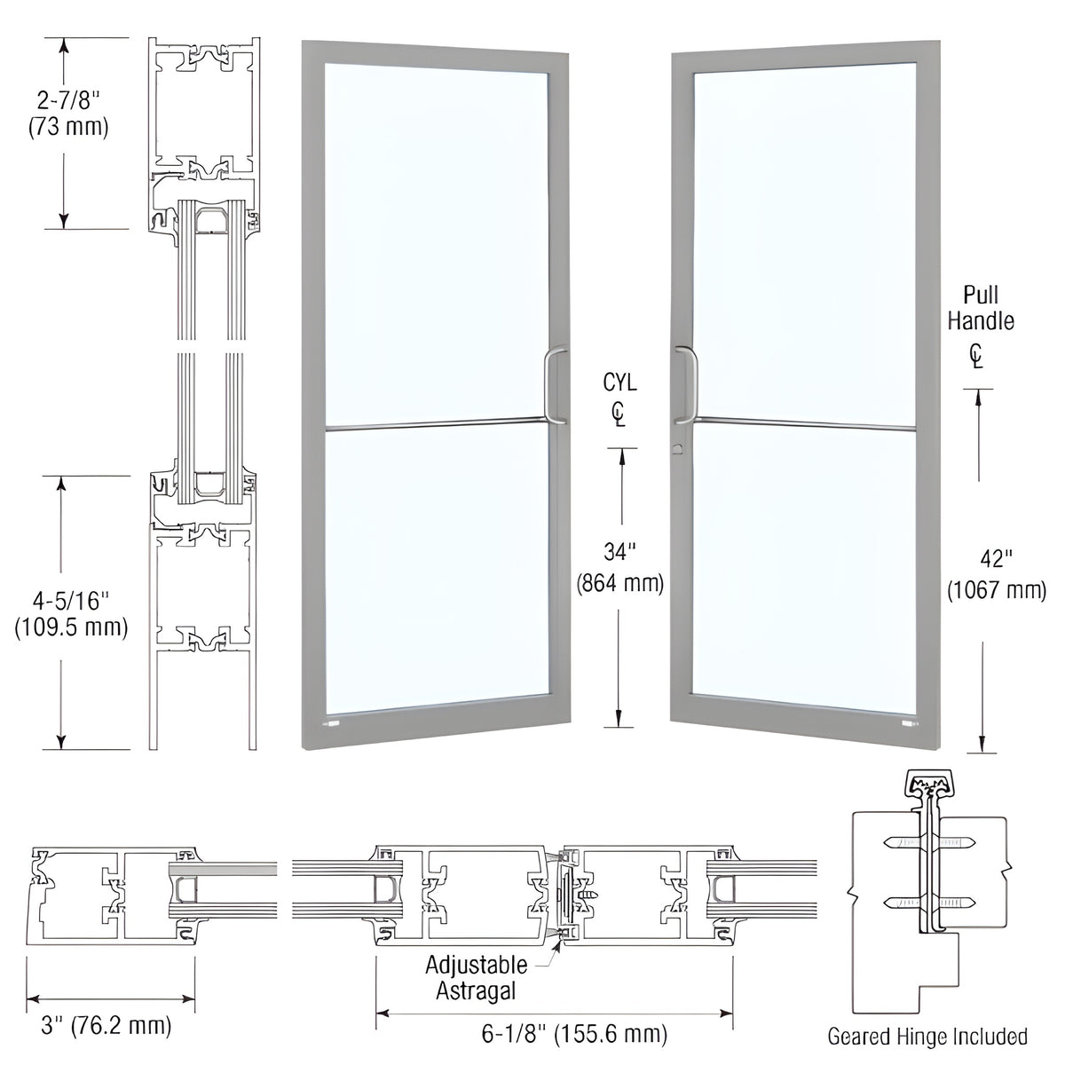 CRL-U.S. Aluminum Clear Anodized Class 1 Custom Pair Series 250T Narrow Stile Geared Hinge Thermal Entrance Doors for Surface Mount Door Closers