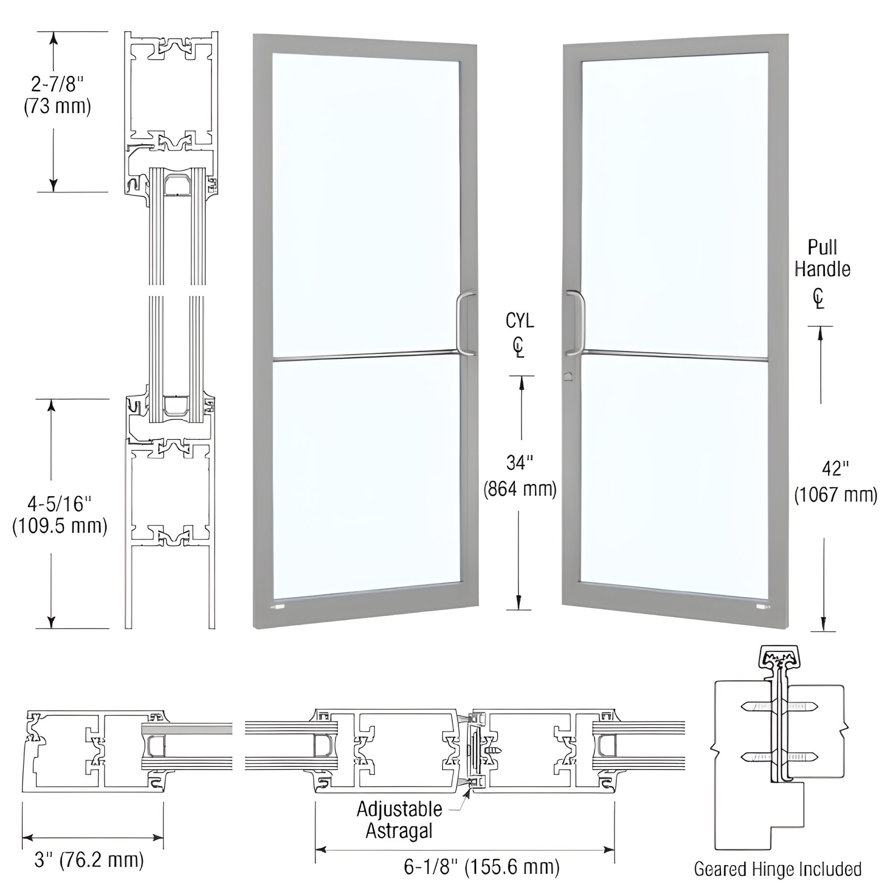 CRL-U.S. Aluminum Clear Anodized Class 1 Custom Pair Series 250T Narrow Stile Geared Hinge Thermal Entrance Doors for Surface Mount Door Closers