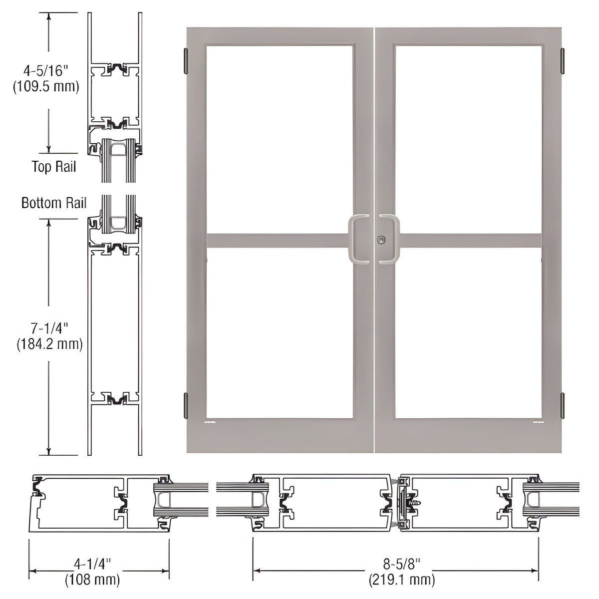 CRL-U.S. Aluminum Clear Anodized Class 1 Custom Pair Series 400T Thermal Medium Stile Butt Hinge Entrance Doors with Panics for Surface Mount Door Closers