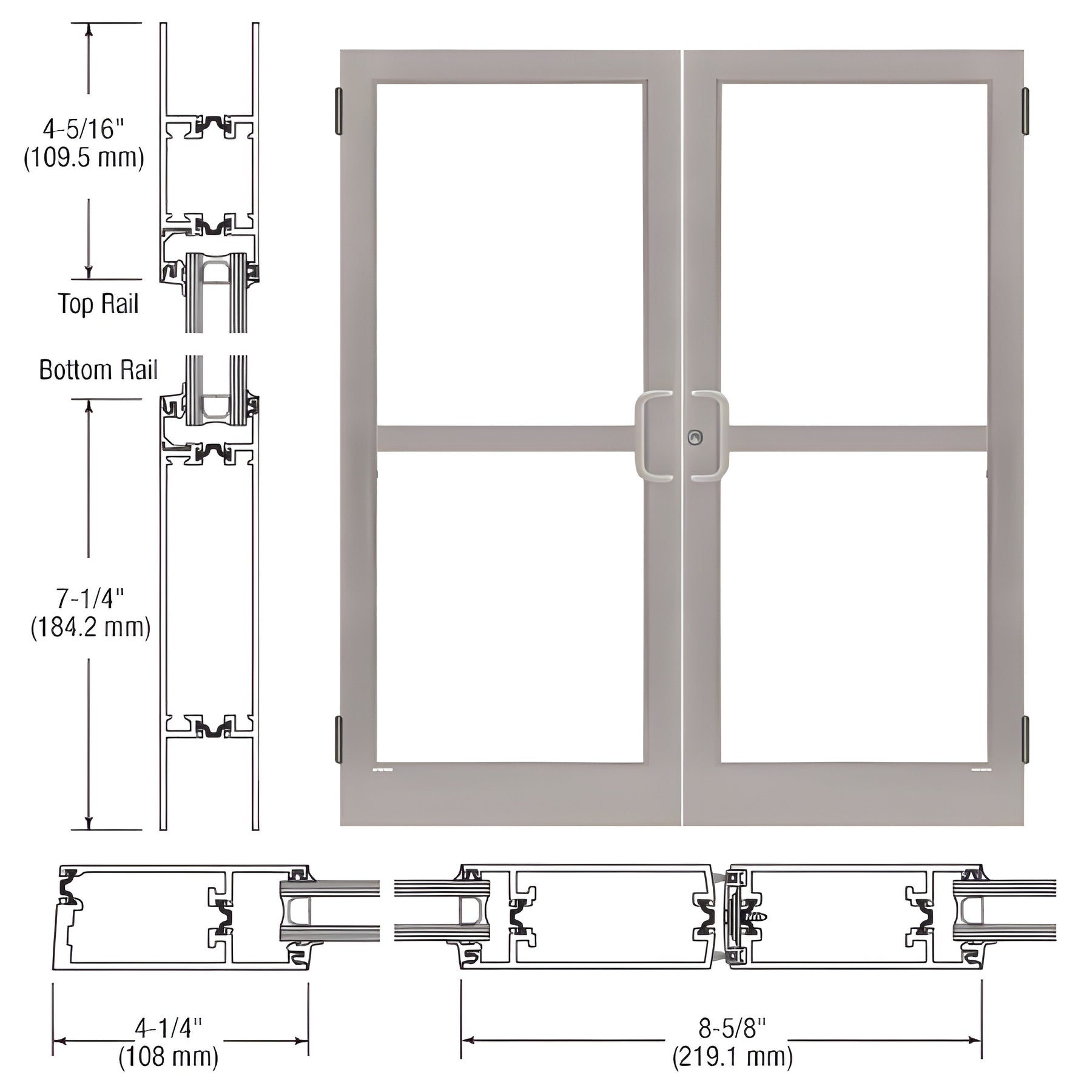 CRL-U.S. Aluminum Clear Anodized Class 1 Custom Pair Series 400T Thermal Medium Stile Butt Hinge Entrance Doors with Panics for Surface Mount Door Closers