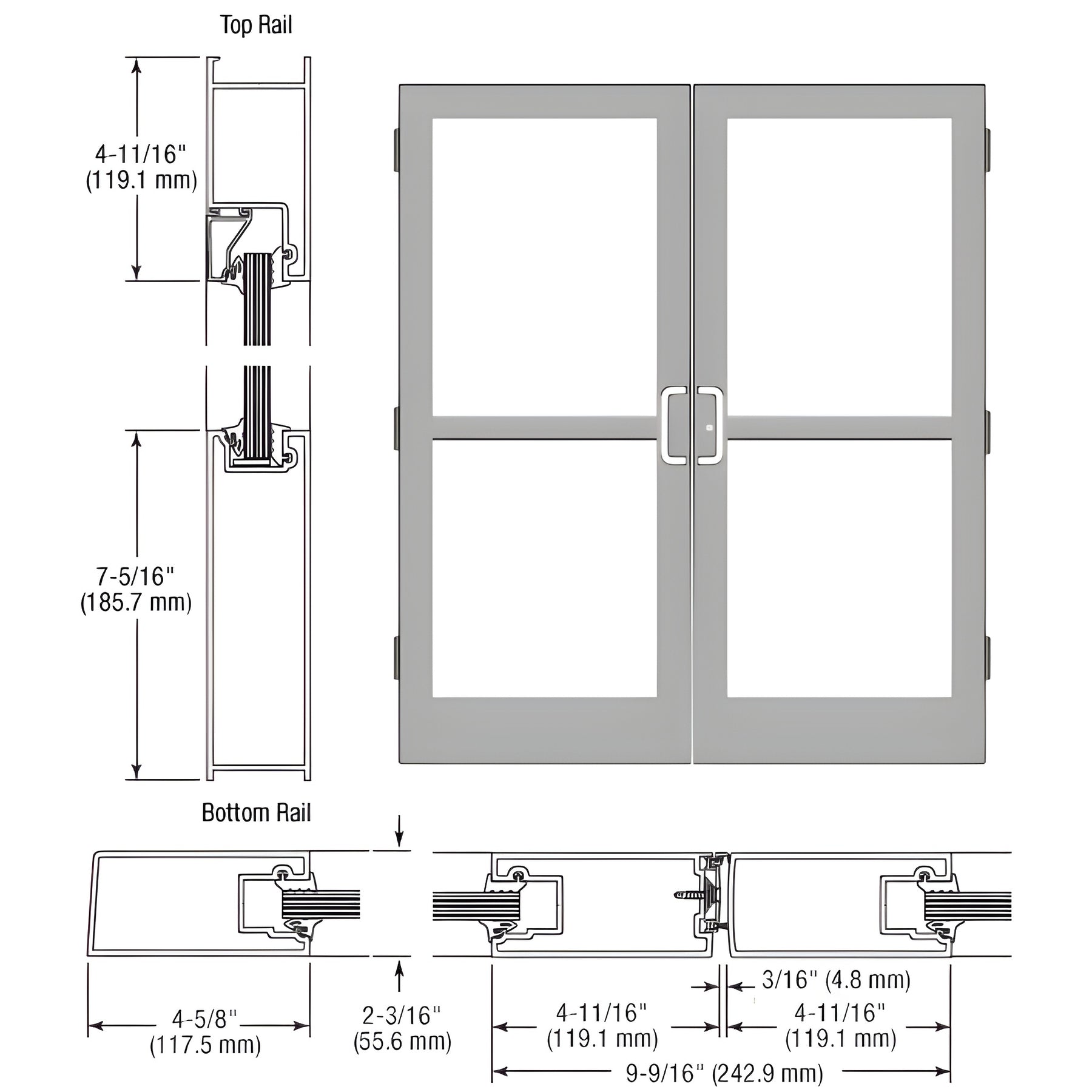 CRL-U.S. Aluminum Clear Anodized Class 1 Custom Pair Series IG500 StormFront™ Butt Hinged Entrance Doors For Panics and Surface Mount Door Closers
