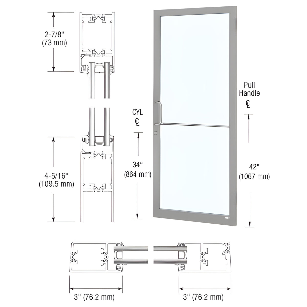 CRL-U.S. Aluminum Clear Anodized Class 1 Custom Single Series 250T Narrow Stile Butt Hinge Thermal Entrance Door for Surface Mount Door Closer