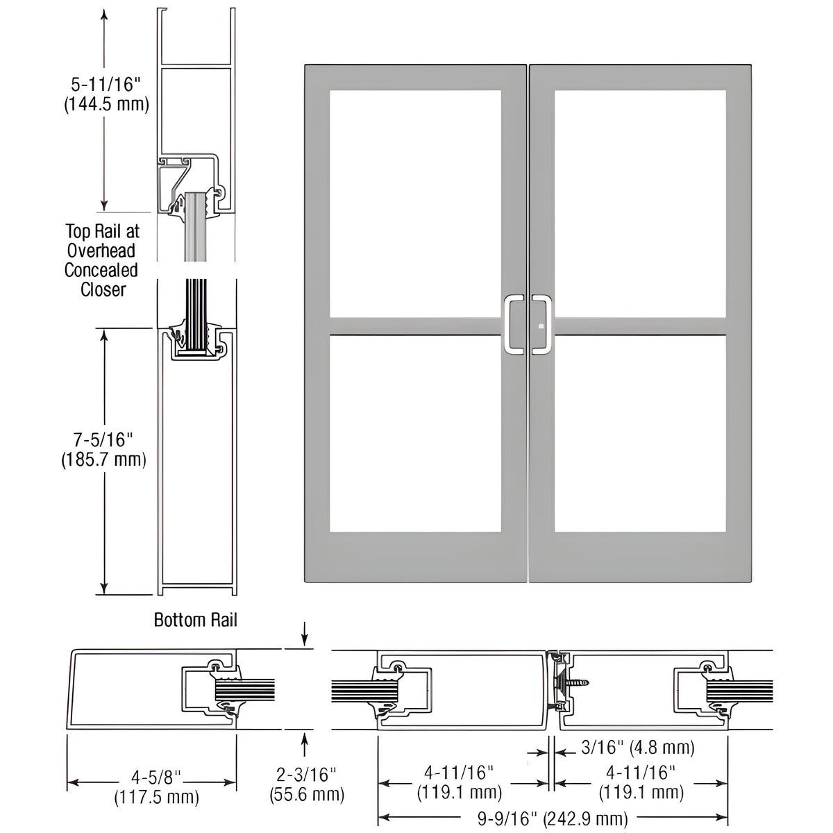 CRL-U.S. Aluminum Clear Anodized Class 1 IG500 Series Custom Pair StormFront™ Butt Hinged Entrance for Panic and Overhead Concealed Closer