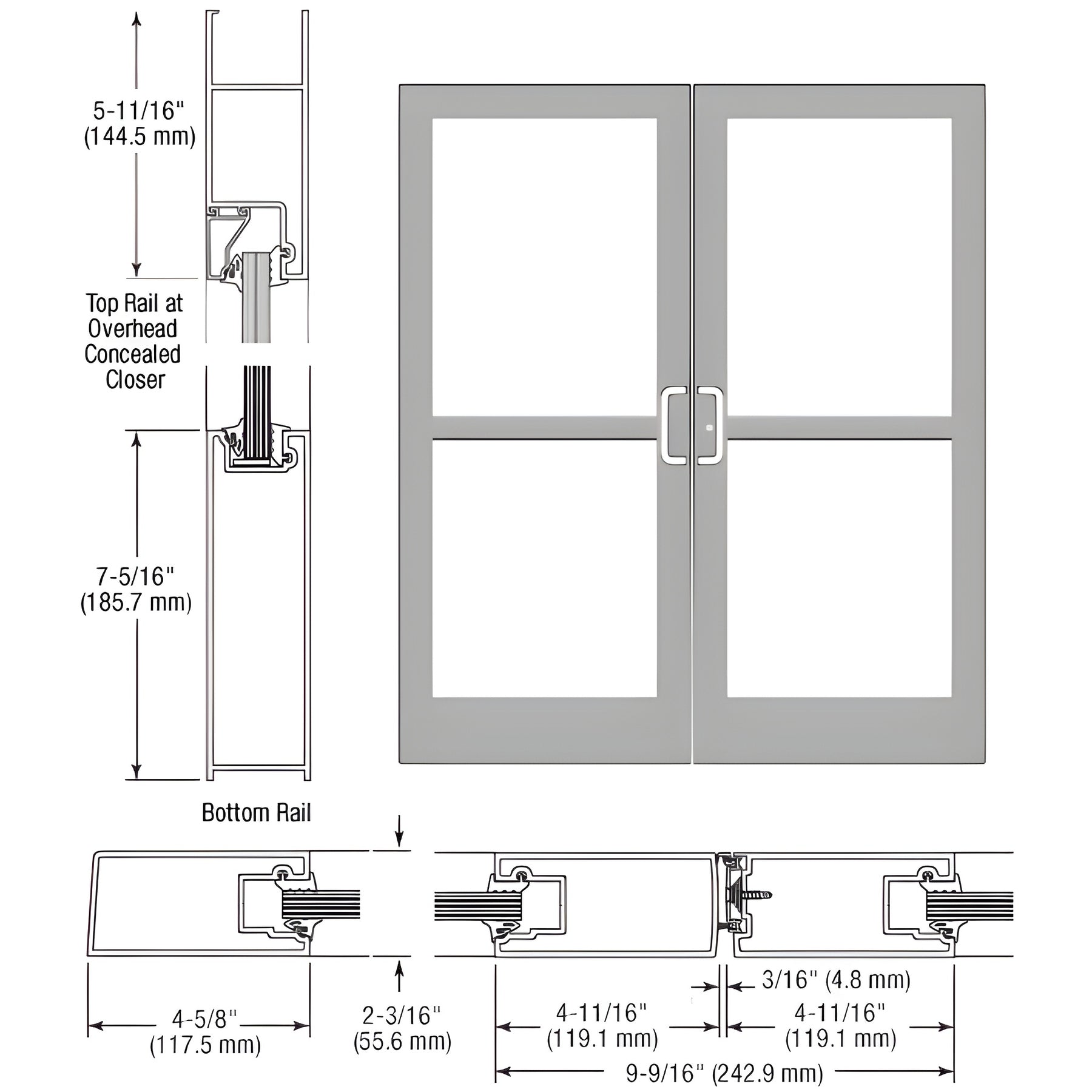 CRL-U.S. Aluminum Clear Anodized Class 1 IG500 Series Custom Pair StormFront™ Butt Hinged Entrance for Panic and Overhead Concealed Closer