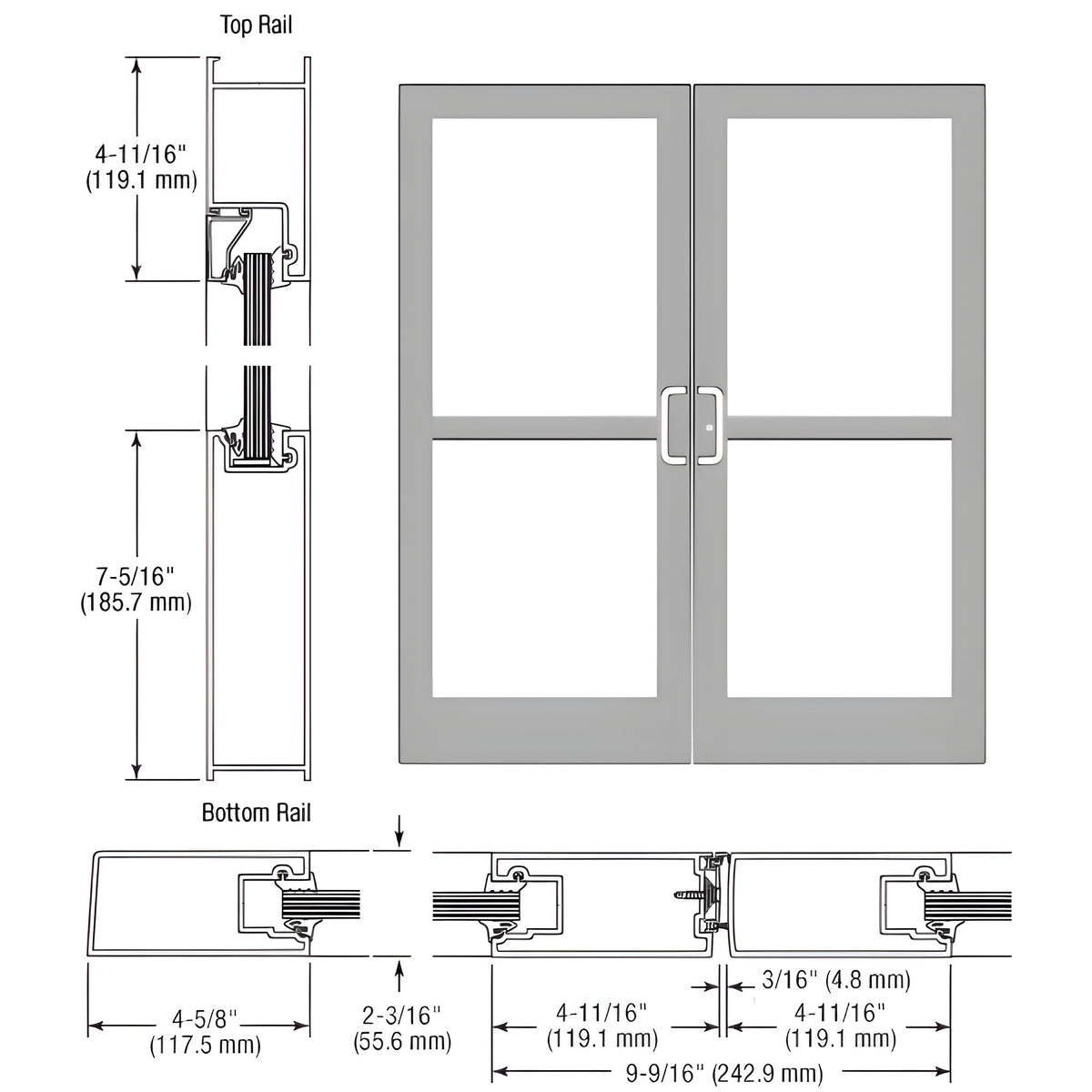 CRL-U.S. Aluminum Clear Anodized Class 1 IG500 Series Custom Pair StormFront™ Gear Hinged Entrance for Panic and Surface Closer