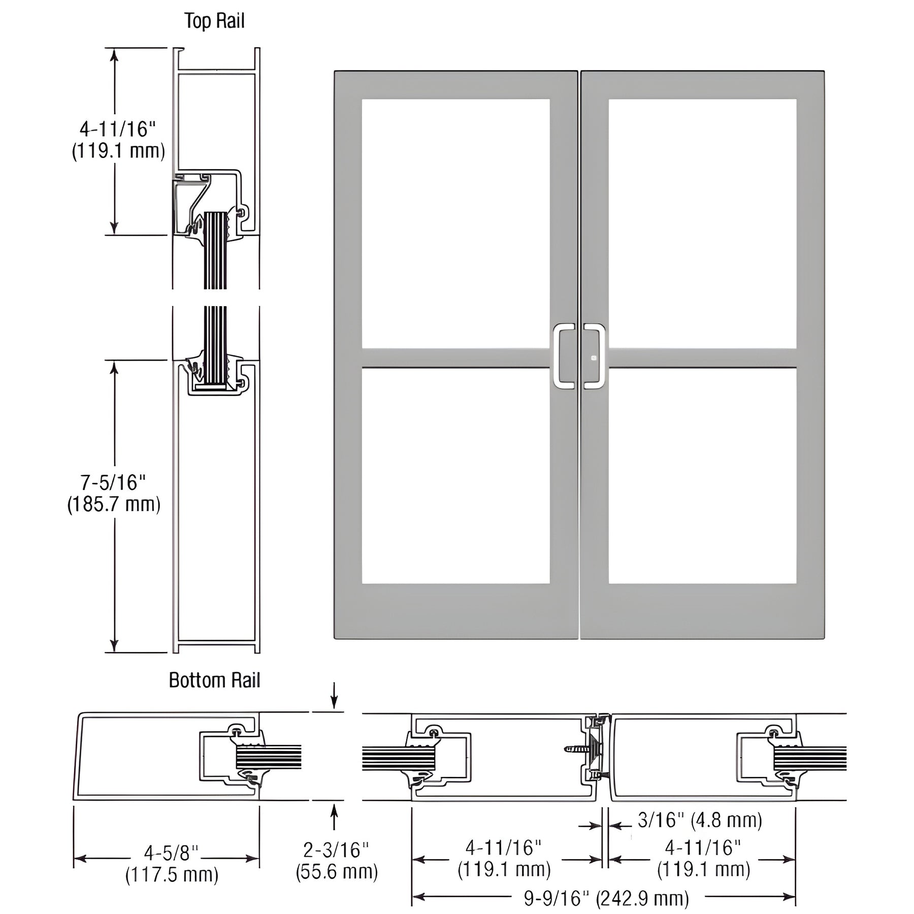 CRL-U.S. Aluminum Clear Anodized Class 1 IG500 Series Custom Pair StormFront™ Gear Hinged Entrance for Panic and Surface Closer
