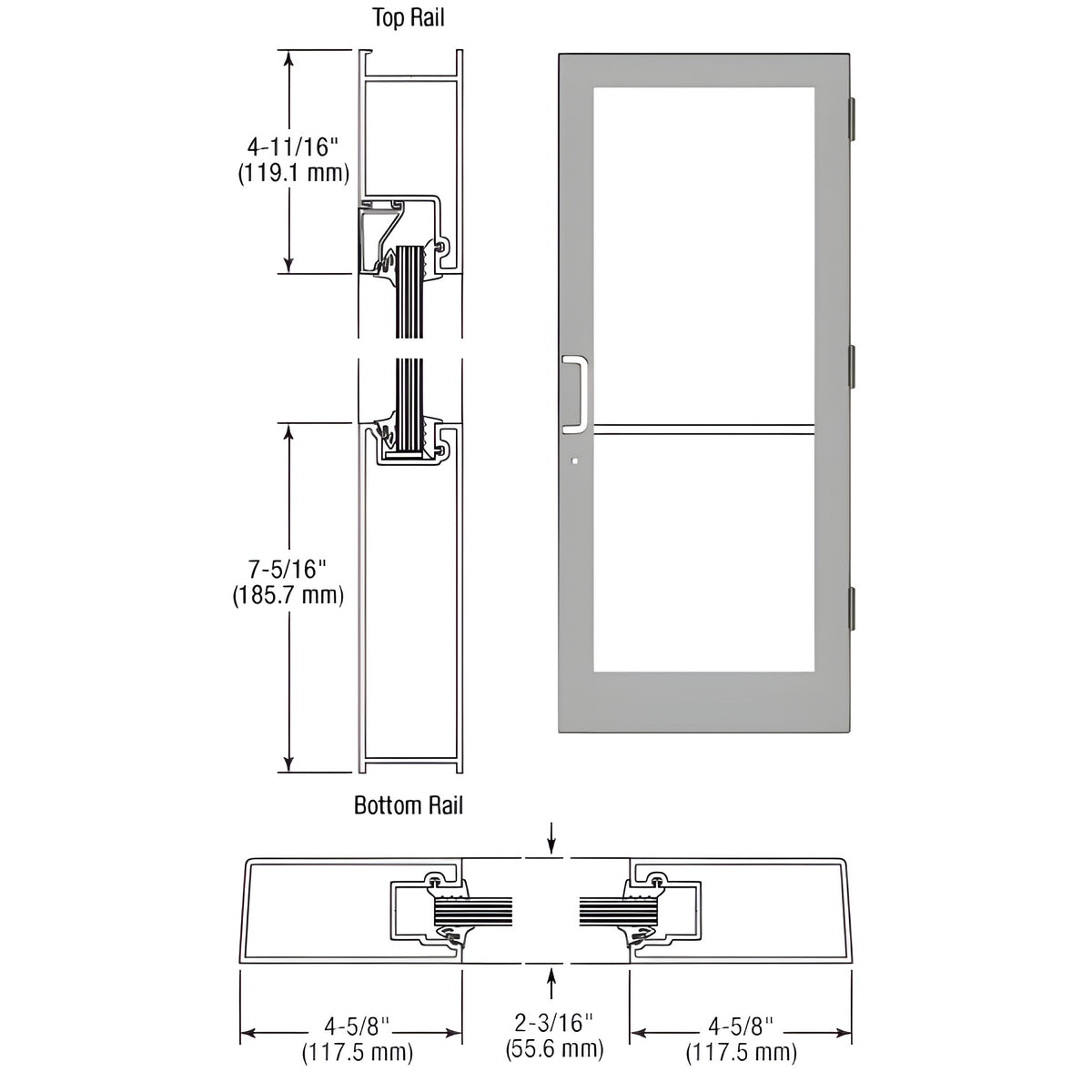 CRL-U.S. Aluminum Clear Anodized Class 1 IG500 Series Custom Single StormFront™ Butt Hinged Entrance Door for Surface Mount Door Closer