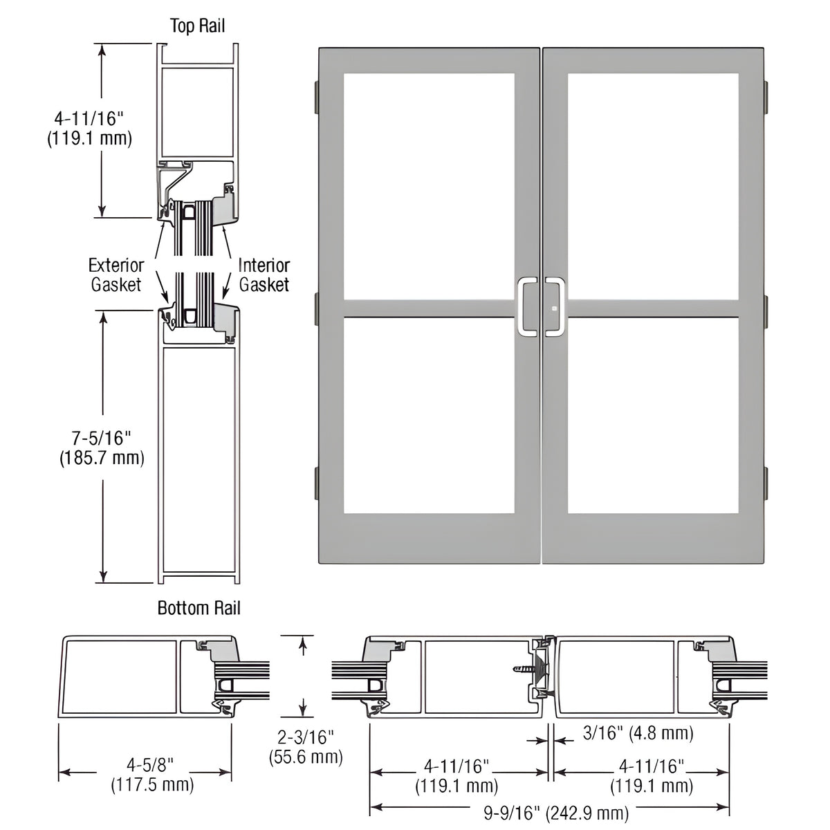 CRL-U.S. Aluminum Clear Anodized Class 1 StormFront™ Series Custom Pair Butt Hinge Entrance Doors for Panics and Surface Mount Door Closers