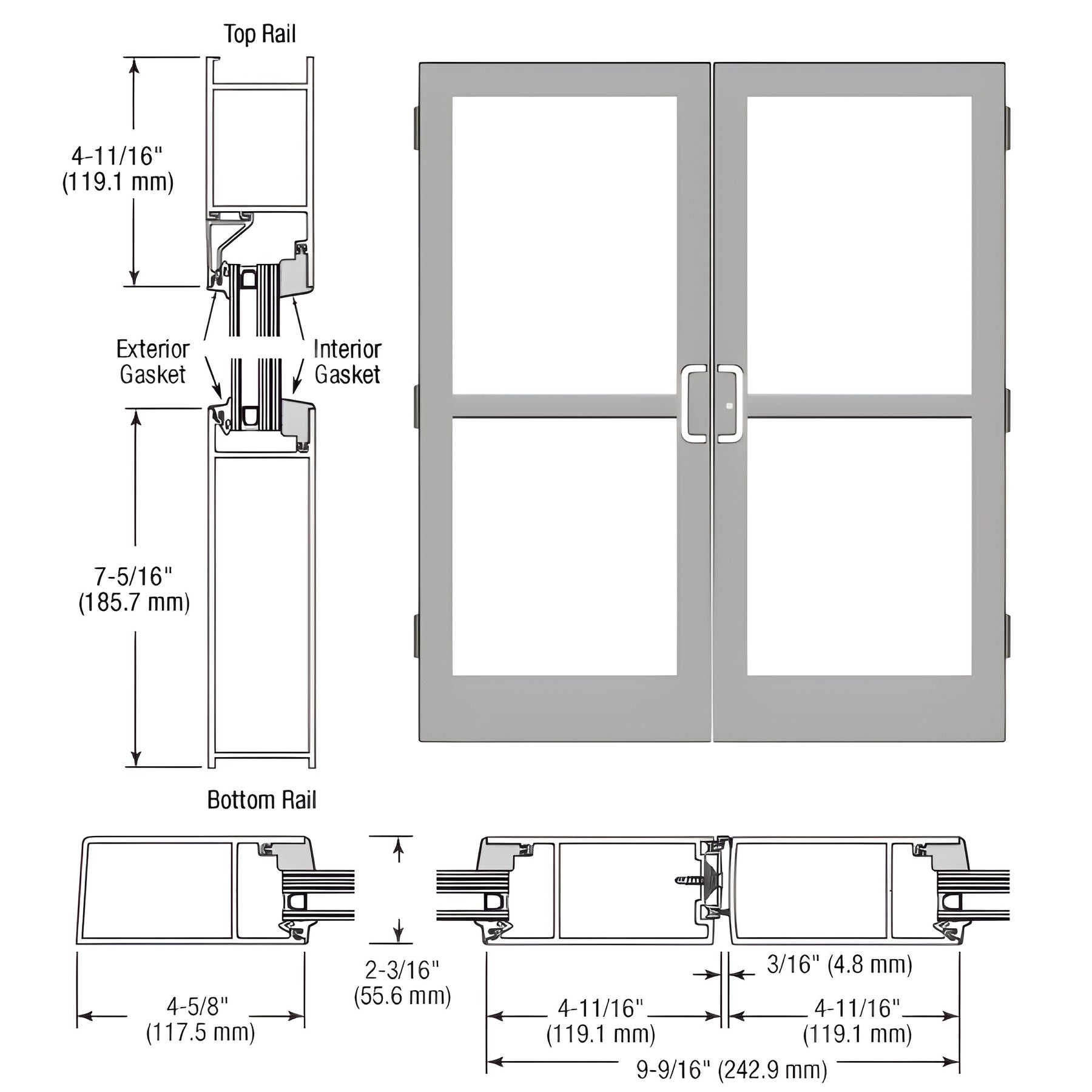 CRL-U.S. Aluminum Clear Anodized Class 1 StormFront™ Series Custom Pair Butt Hinge Entrance Doors for Panics and Surface Mount Door Closers