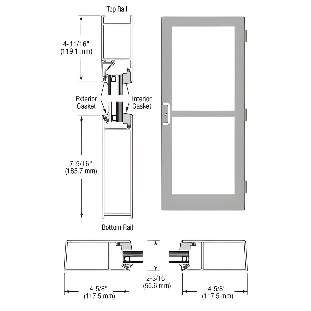CRL-U.S. Aluminum Clear Anodized Class 1 StormFront™ Series Custom Single Butt Hinge Entrance Door For Panic and Surface Mount Door Closer