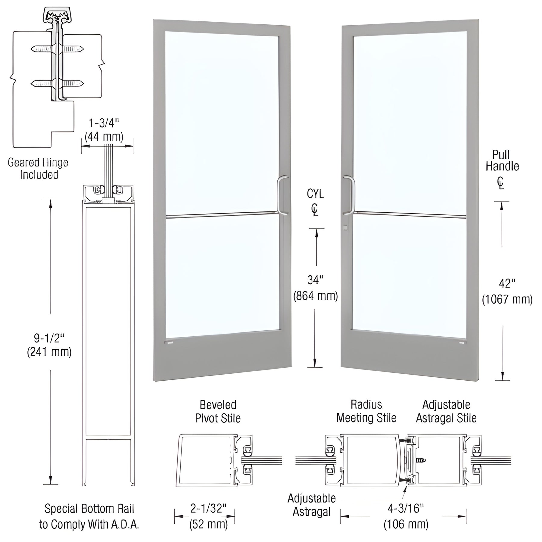 CRL-U.S. Aluminum Clear Anodized Custom Pair 72" x 84" Series 250 Narrow Stile Gear Hinge Entrance Door