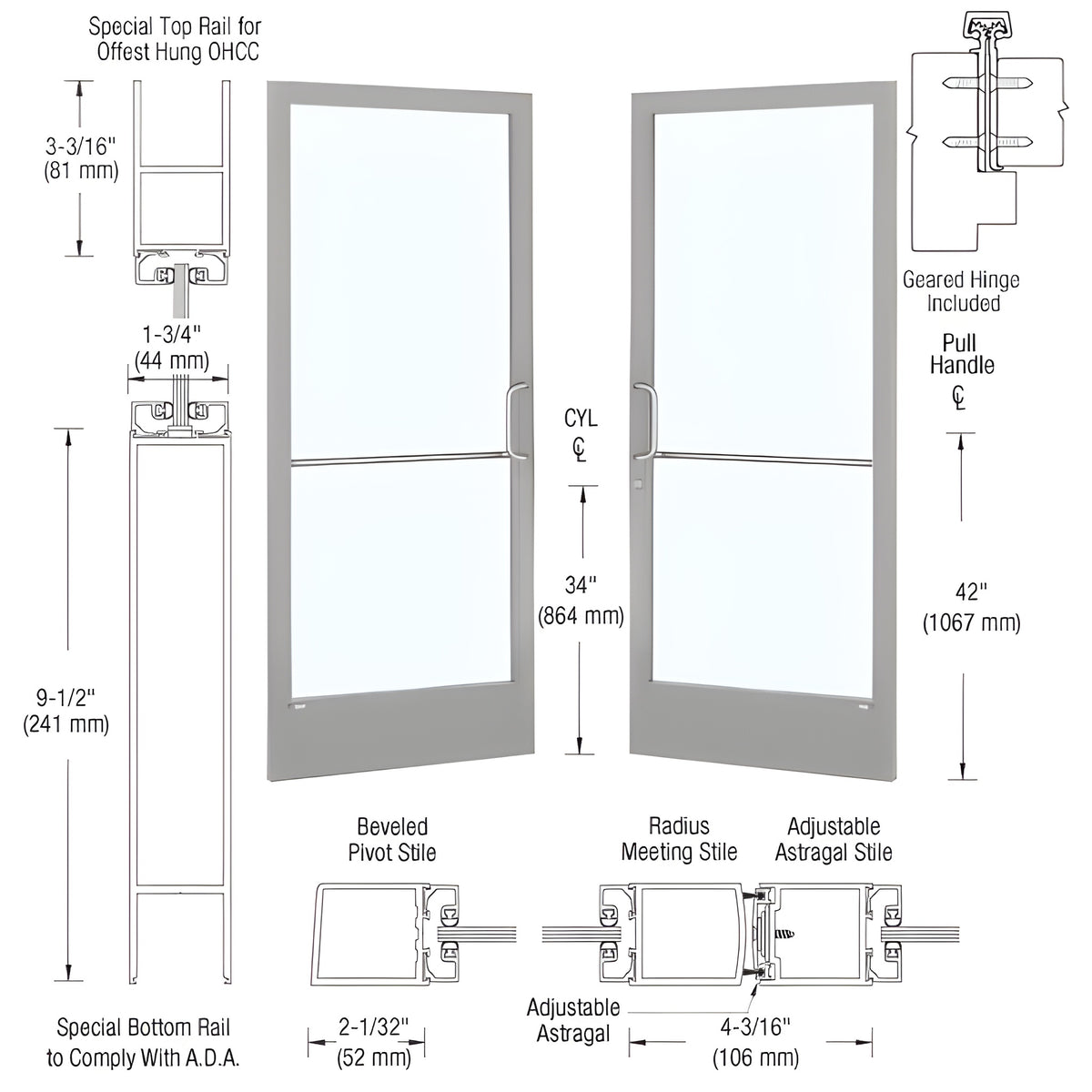 CRL-U.S. Aluminum Clear Anodized Custom Pair 72" x 84" Series 250 Narrow Stile Gear Hinge Entrance Door