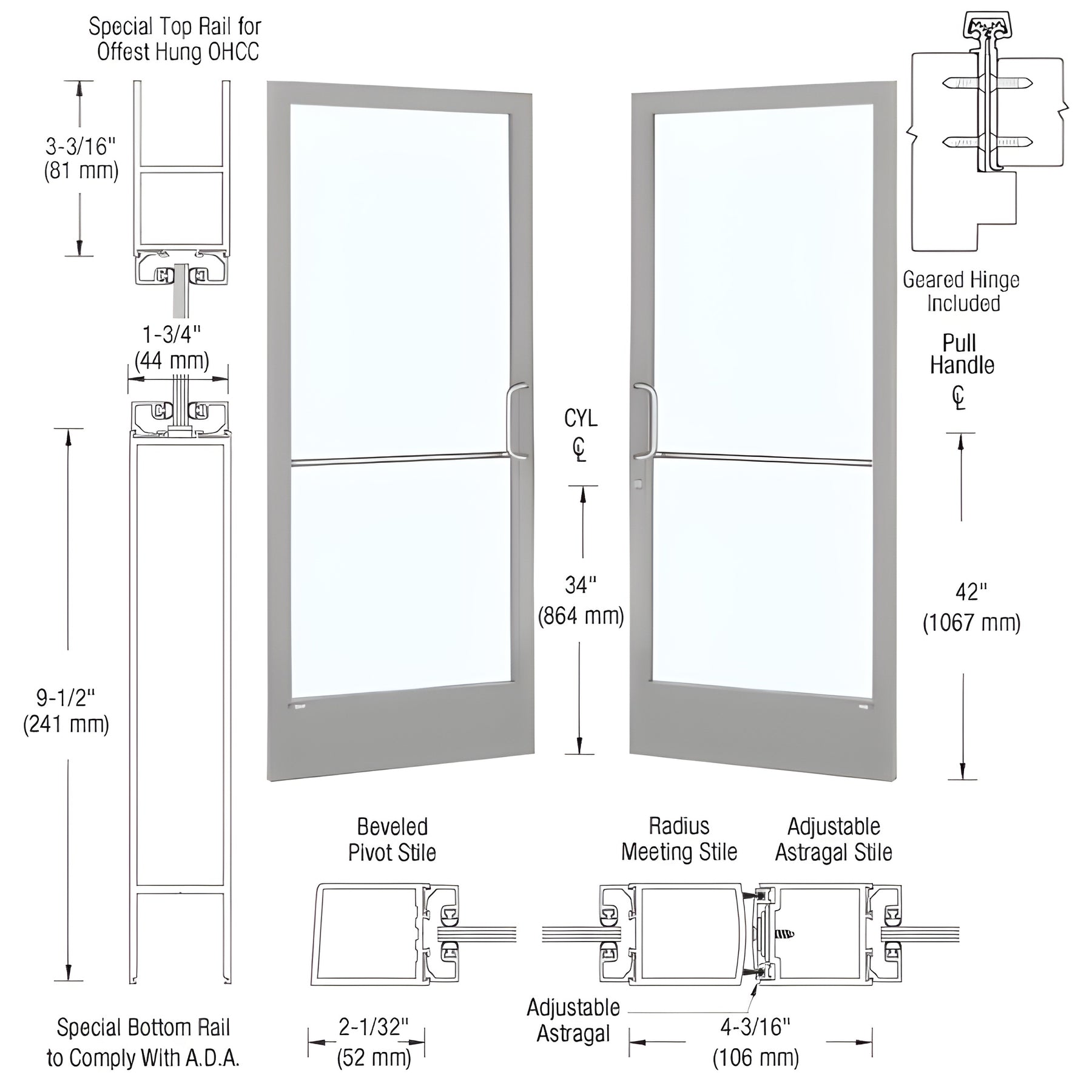 CRL-U.S. Aluminum Clear Anodized Custom Pair 72" x 84" Series 250 Narrow Stile Gear Hinge Entrance Door