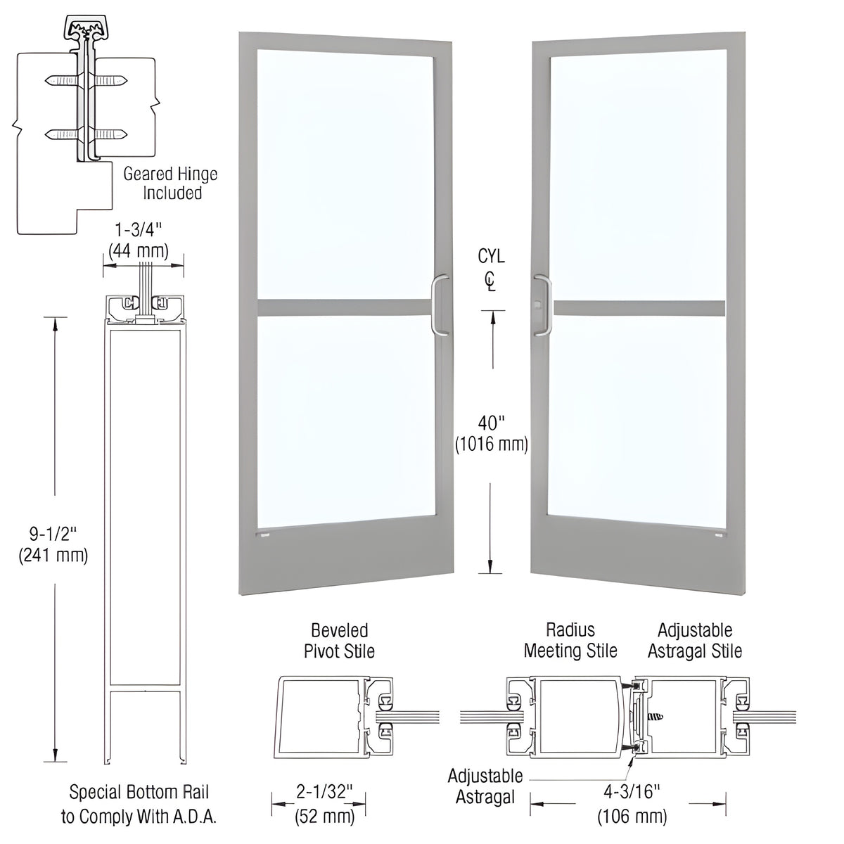 CRL-U.S. Aluminum Clear Anodized Custom Pair 72" x 84" Series 250 Narrow Stile Gear Hinge Entrance Door