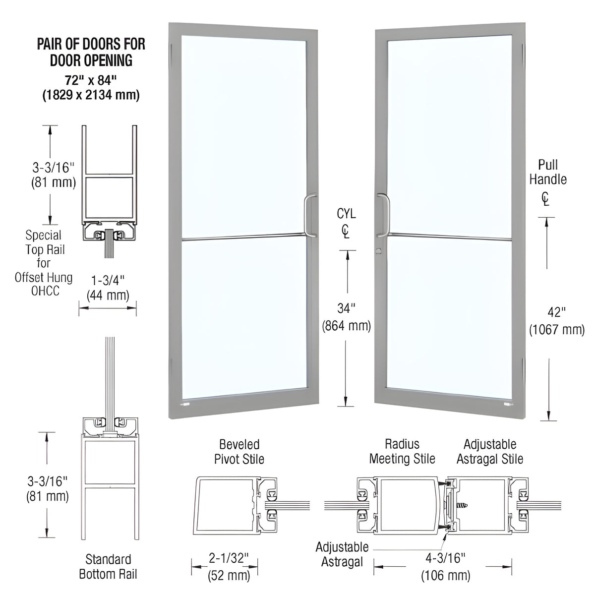 CRL-U.S. Aluminum Clear Anodized Custom Pair 72" x 84" Series 250 Narrow Stile Butt Hinge Entrance Door for OHCC