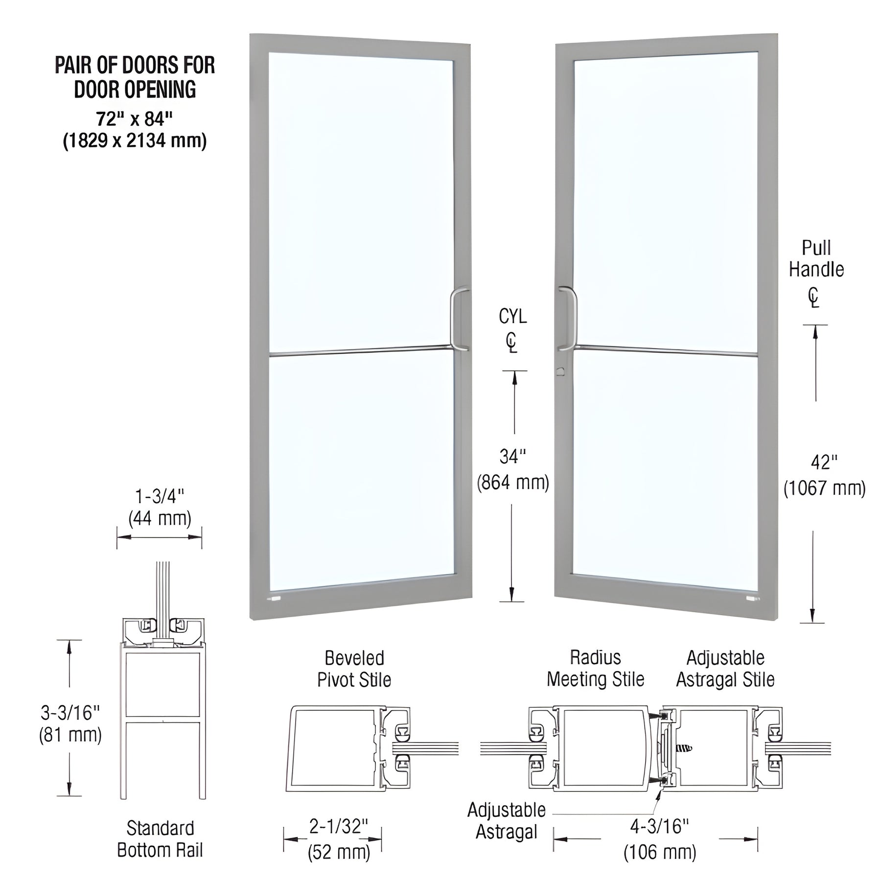 CRL-U.S. Aluminum Clear Anodized Custom Pair 72" x 84" Series 250 Narrow Stile Gear Hinge Entrance Door
