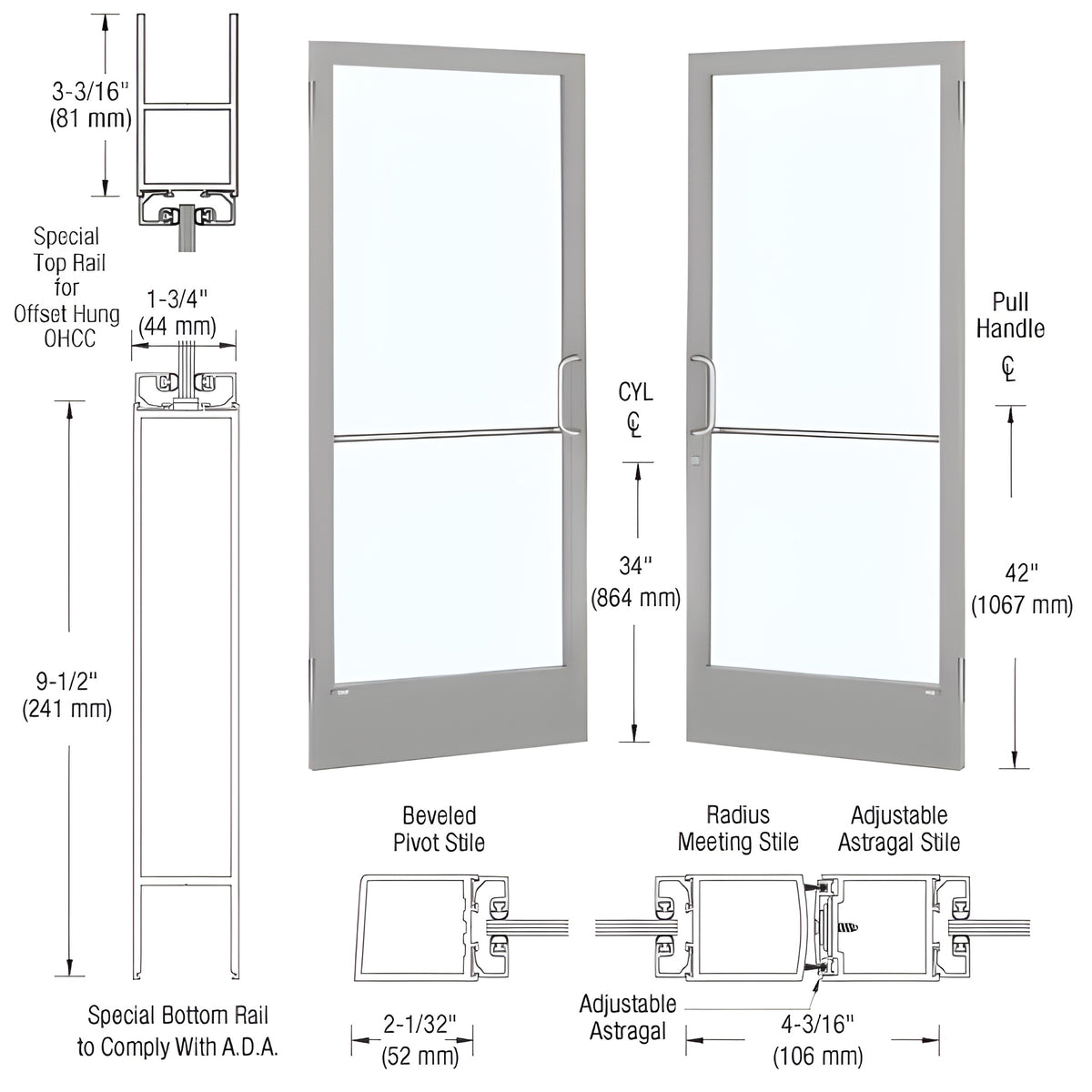 CRL-U.S. Aluminum Clear Anodized Custom Pair 72" x 84" Series 250 Narrow Stile Butt Hinge Entrance Door for OHCC