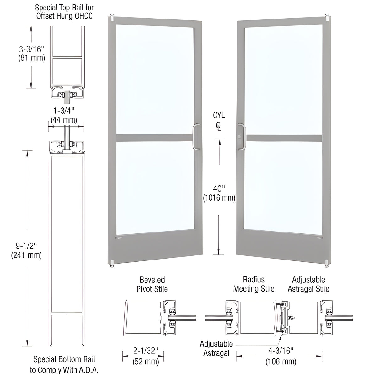 CRL-U.S. Aluminum Clear Anodized Custom Pair Series 250 Narrow Stile Offset Pivot Entrance Doors With Panics for Overhead Concealed Door Closers