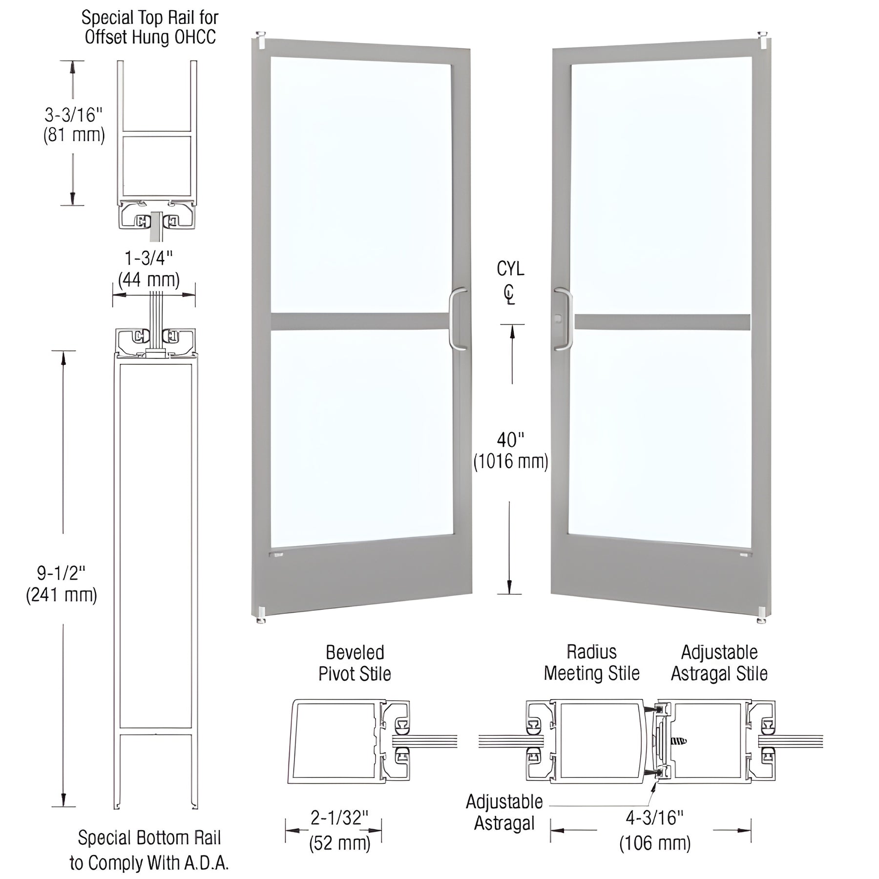 CRL-U.S. Aluminum Clear Anodized Custom Pair Series 250 Narrow Stile Offset Pivot Entrance Doors With Panics for Overhead Concealed Door Closers