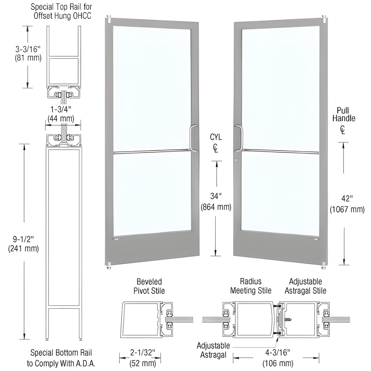 CRL-U.S. Aluminum Clear Anodized Custom Pair Series 250 Narrow Stile Offset Pivot Entrance Door for Overhead Concealed Door Closers