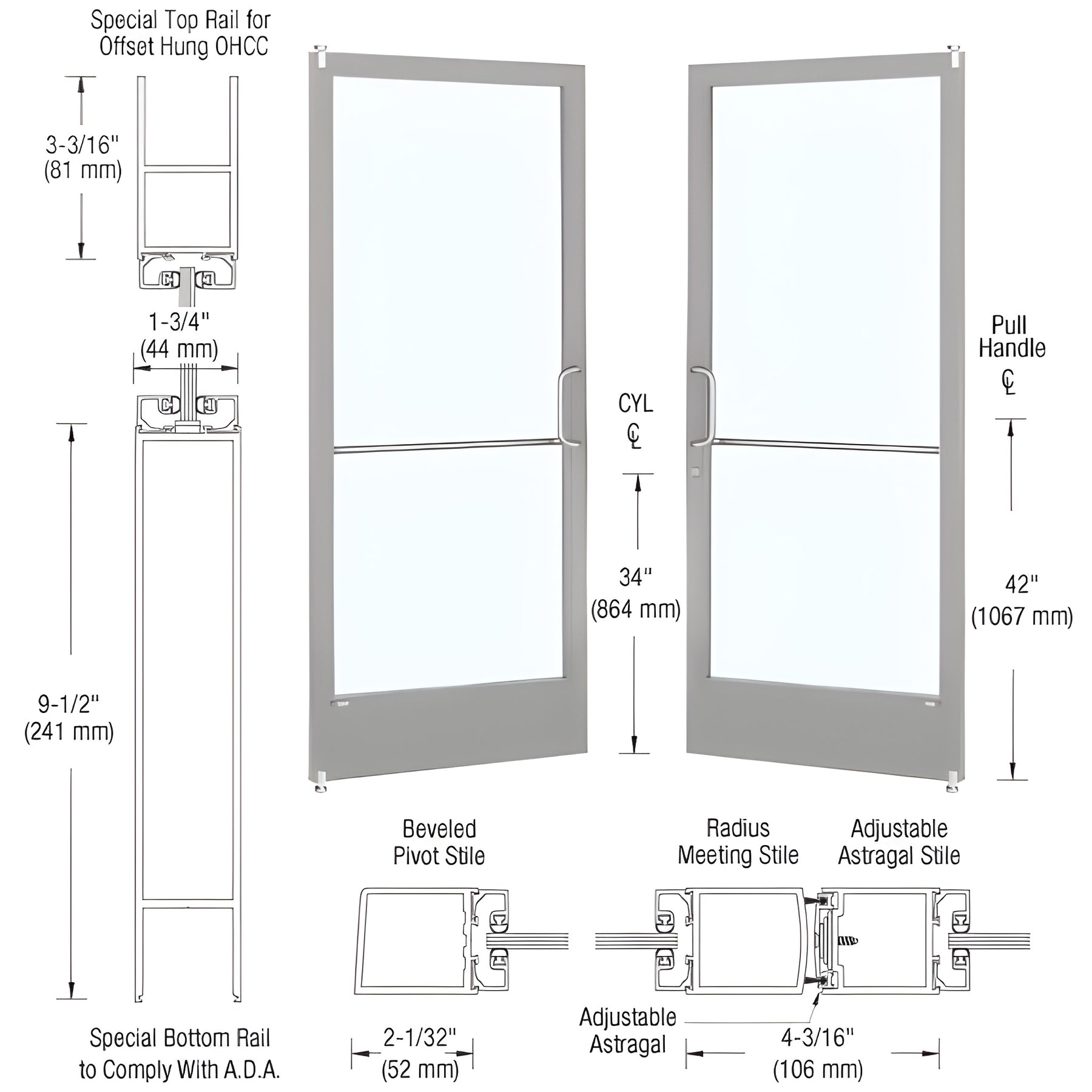 CRL-U.S. Aluminum Clear Anodized Custom Pair Series 250 Narrow Stile Offset Pivot Entrance Door for Overhead Concealed Door Closers