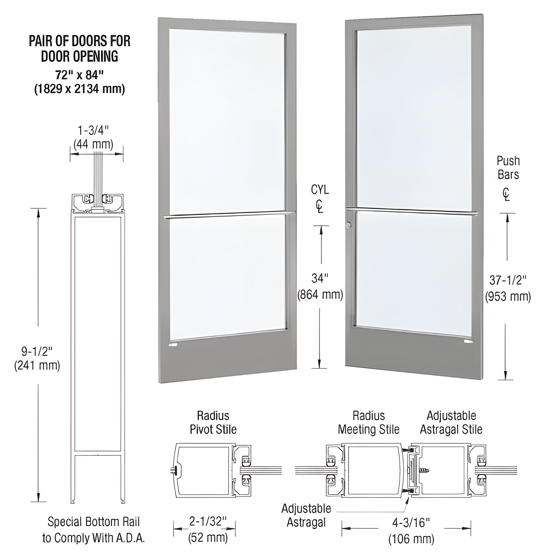 CRL-U.S. Aluminum Clear Anodized Custom Pair Series 250 Narrow Stile Center Pivot Entrance Door for Overhead Concealed Door Closers