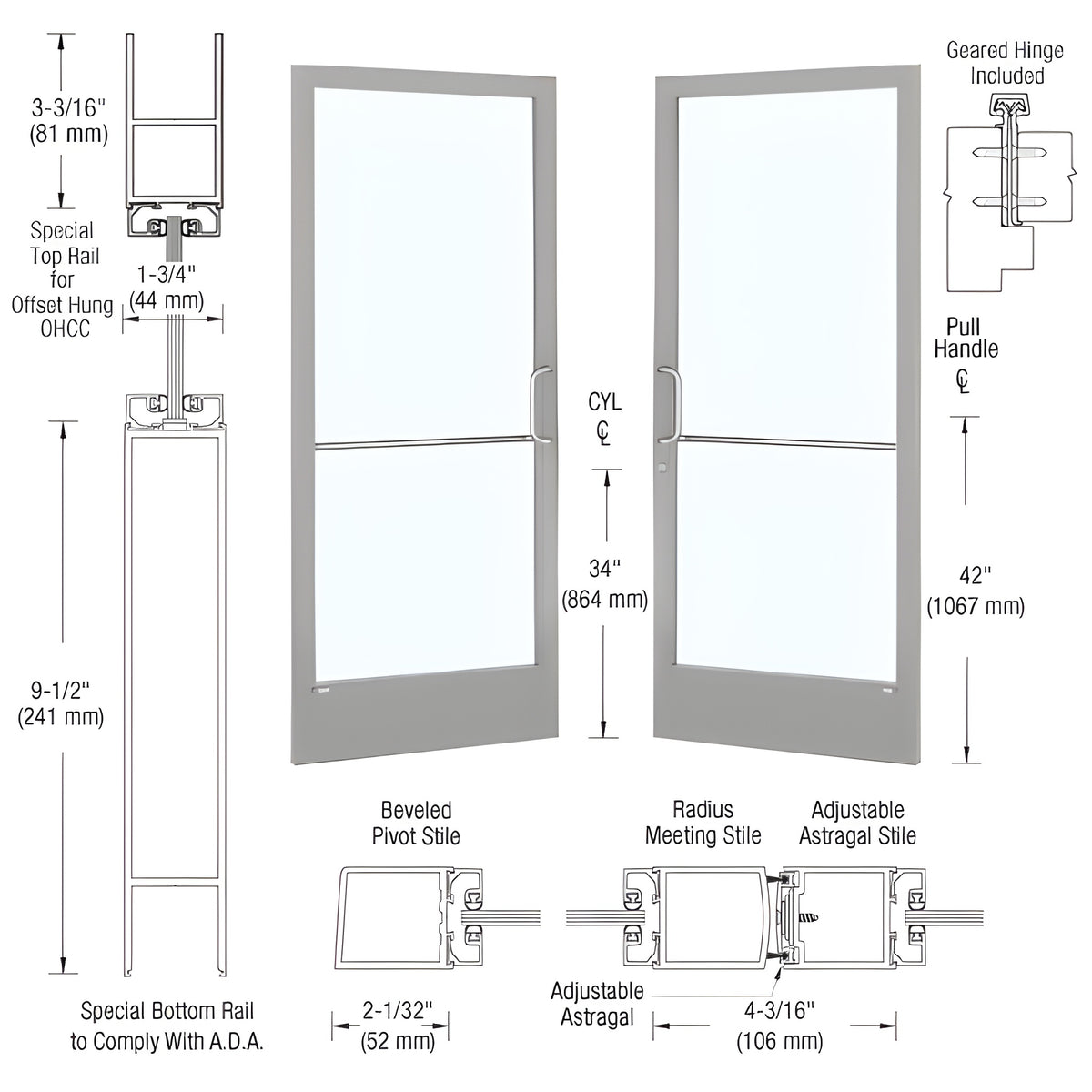 CRL-U.S. Aluminum Clear Anodized Custom Pair Series 250 Narrow Stile Geared Hinged Entrance Doors for Overhead Concealed Door Closers