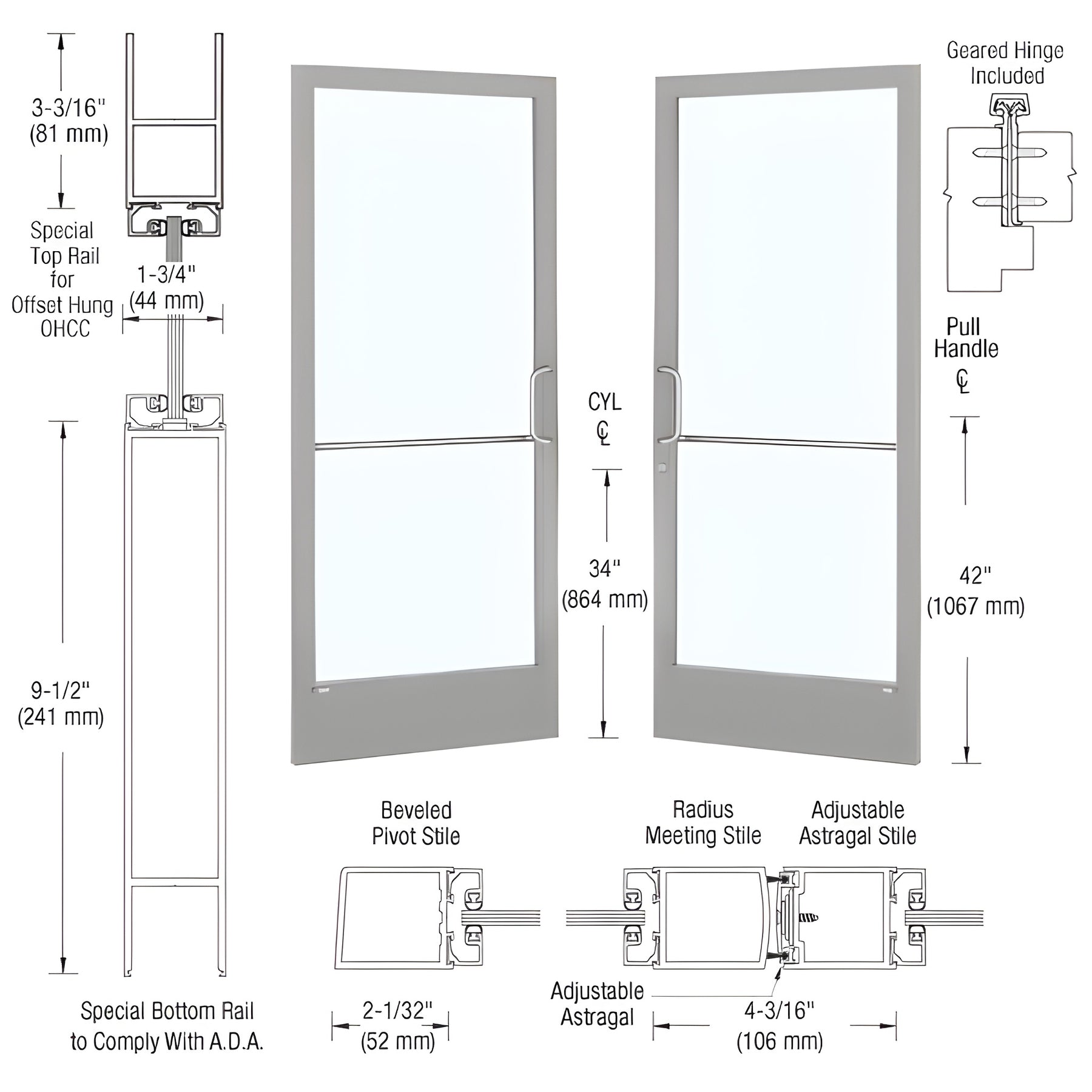 CRL-U.S. Aluminum Clear Anodized Custom Pair Series 250 Narrow Stile Geared Hinged Entrance Doors for Overhead Concealed Door Closers