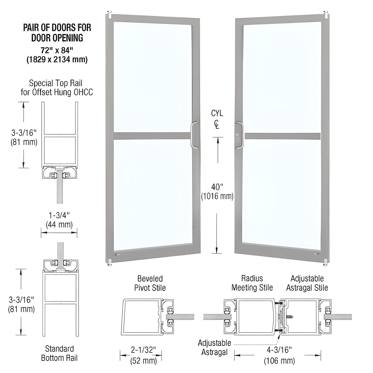 CRL-U.S. Aluminum Clear Anodized Custom Pair Series 250 Narrow Stile Offset Pivot Entrance Doors for Panics for Overhead Concealed Door Closers