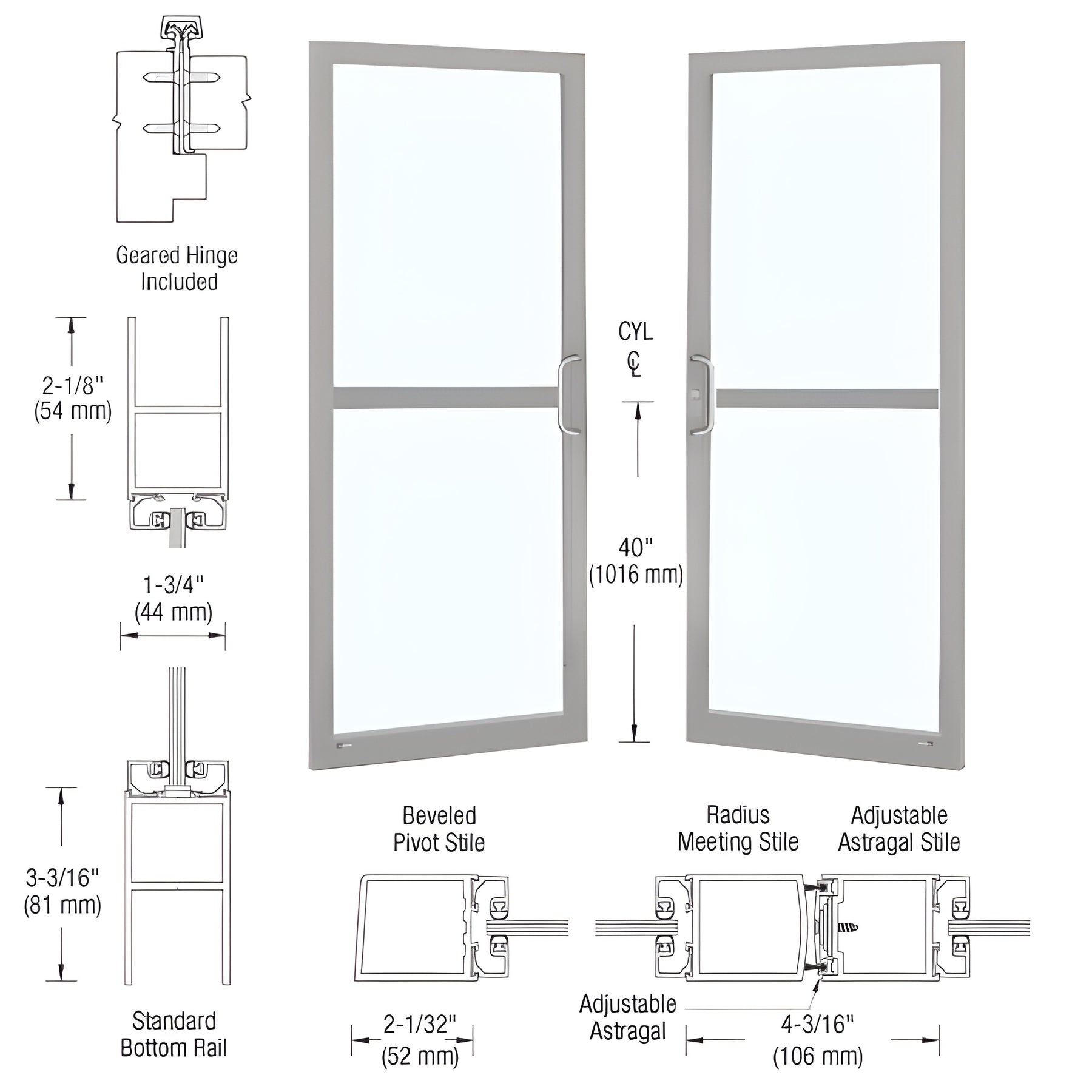 CRL-U.S. Aluminum Clear Anodized Custom Pair Series 250 Narrow Stile Geared Hinge Entrance Doors For Panics and Surface Mount Door Closers